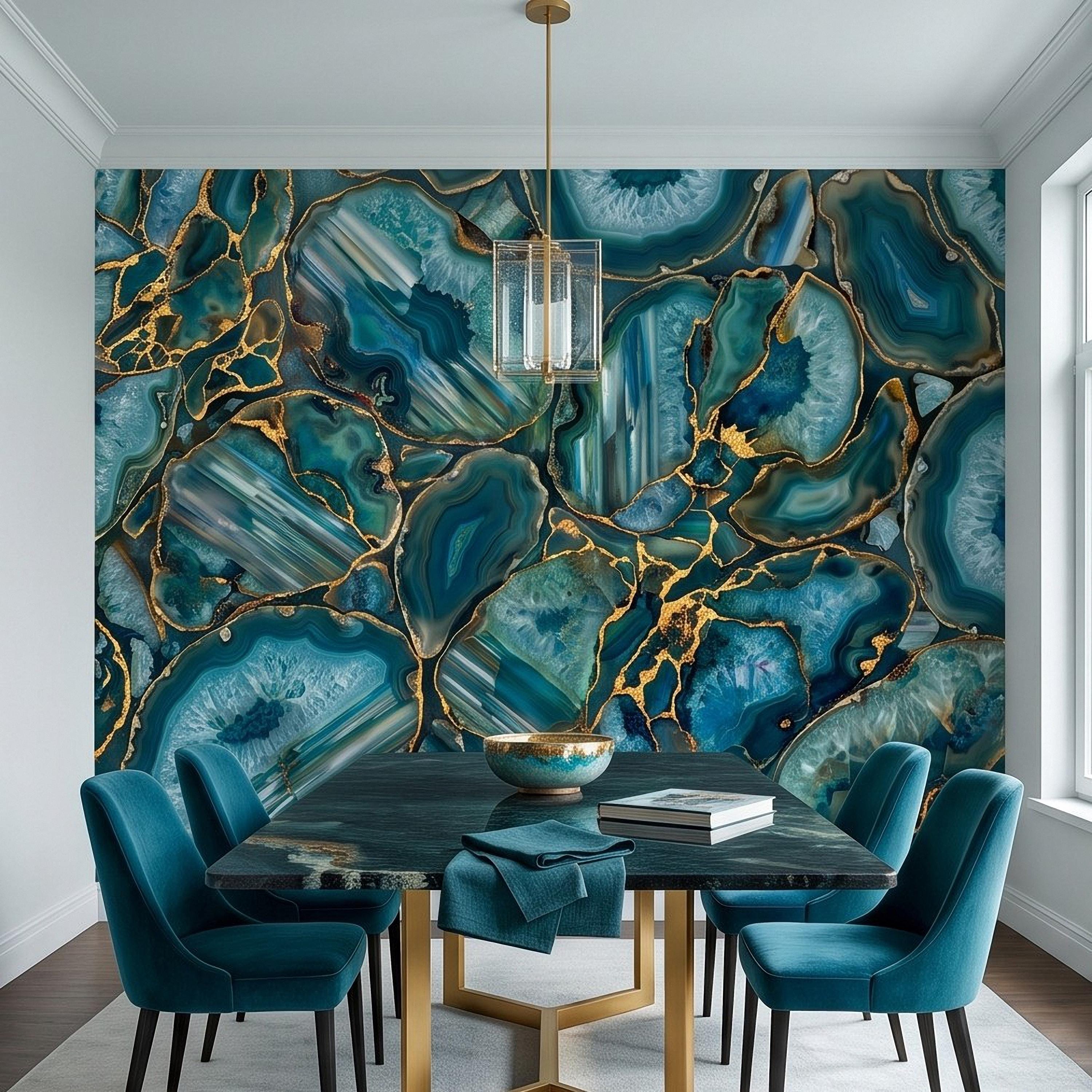 Blue Green Agate Peel and Stick Wall Mural, Natural Stone Slice Mosaic Crystalline Mineral Formation Wallpaper