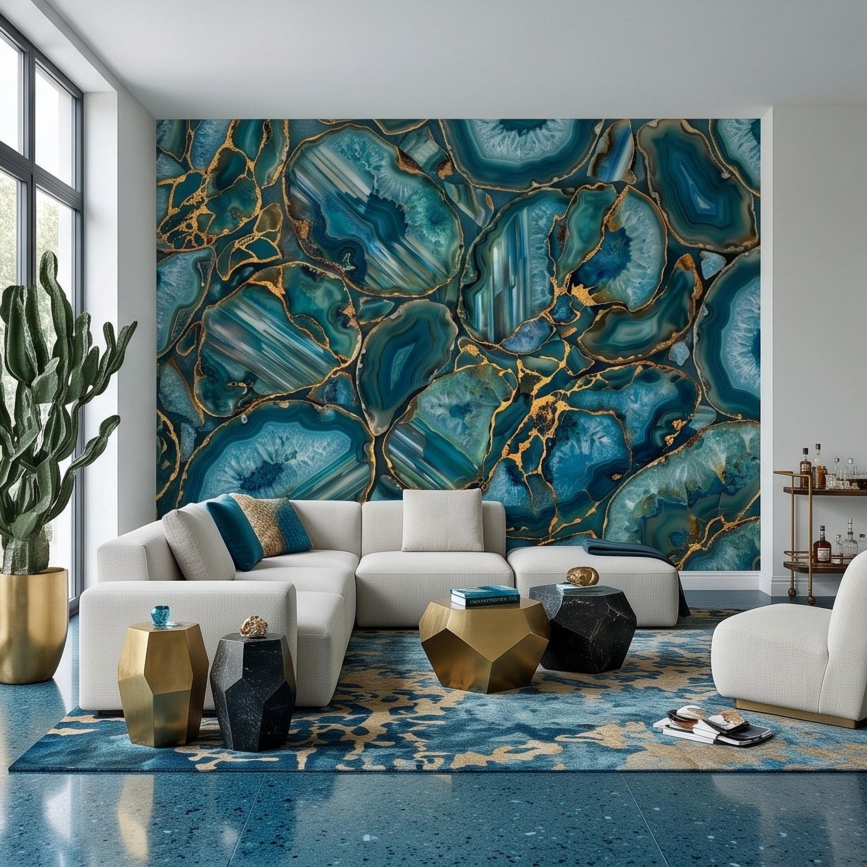 Blue Green Agate Peel and Stick Wall Mural, Natural Stone Slice Mosaic Crystalline Mineral Formation Wallpaper