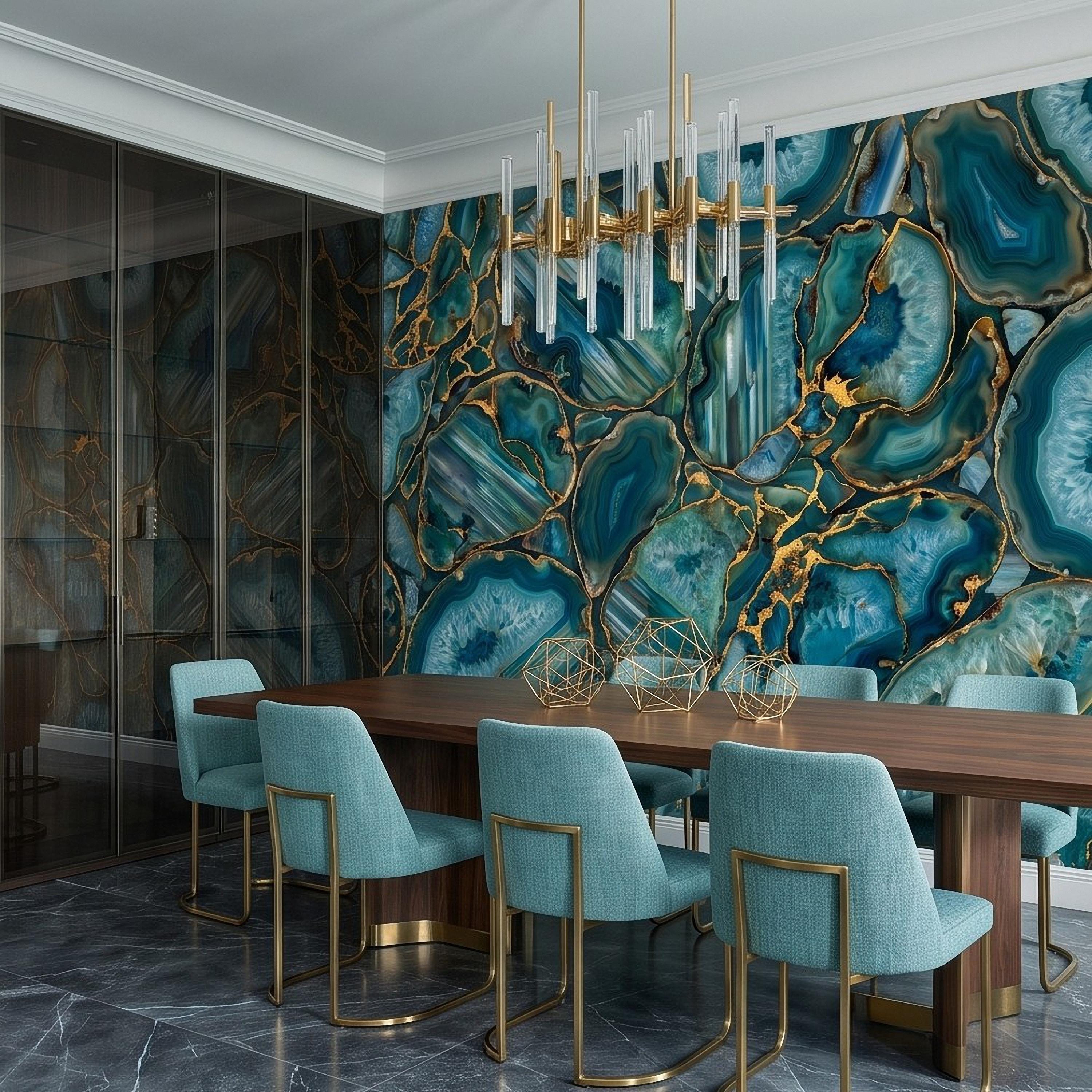 Blue Green Agate Peel and Stick Wall Mural, Natural Stone Slice Mosaic Crystalline Mineral Formation Wallpaper