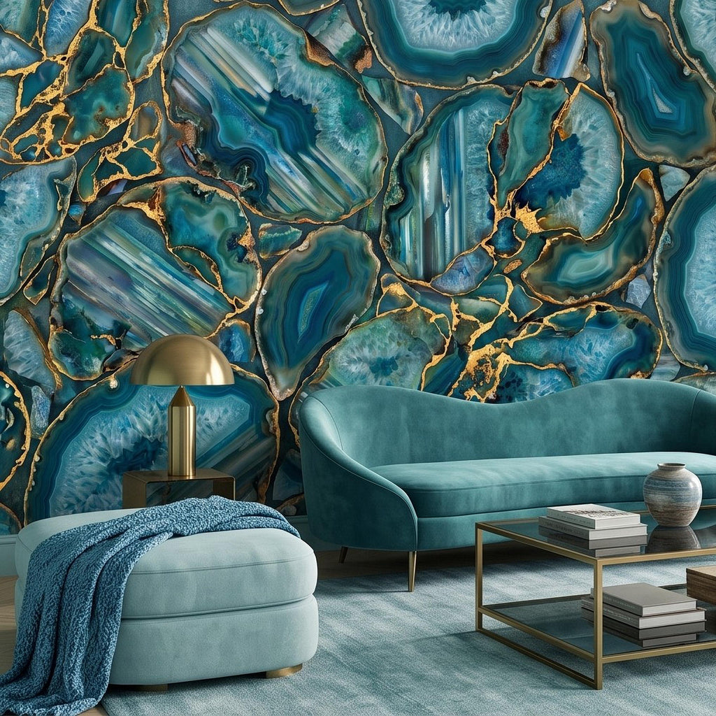 Blue Green Agate Peel and Stick Wall Mural, Natural Stone Slice Mosaic Crystalline Mineral Formation Wallpaper
