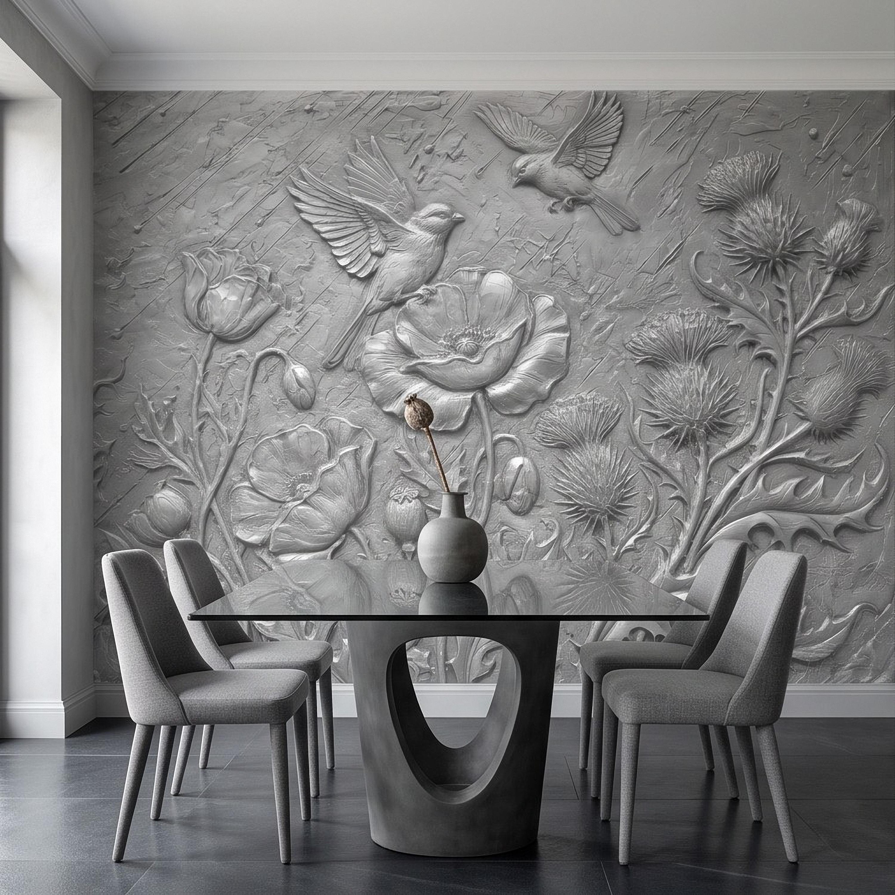 Wildflower Meadow Peel and Stick Wall Mural, Embossed Botanical Relief Poppies Thistles and Songbirds Sculpted Nature Wallpaper