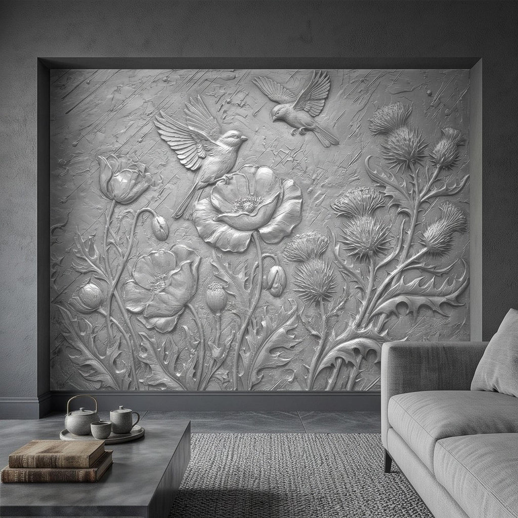 Wildflower Meadow Peel and Stick Wall Mural, Embossed Botanical Relief Poppies Thistles and Songbirds Sculpted Nature Wallpaper