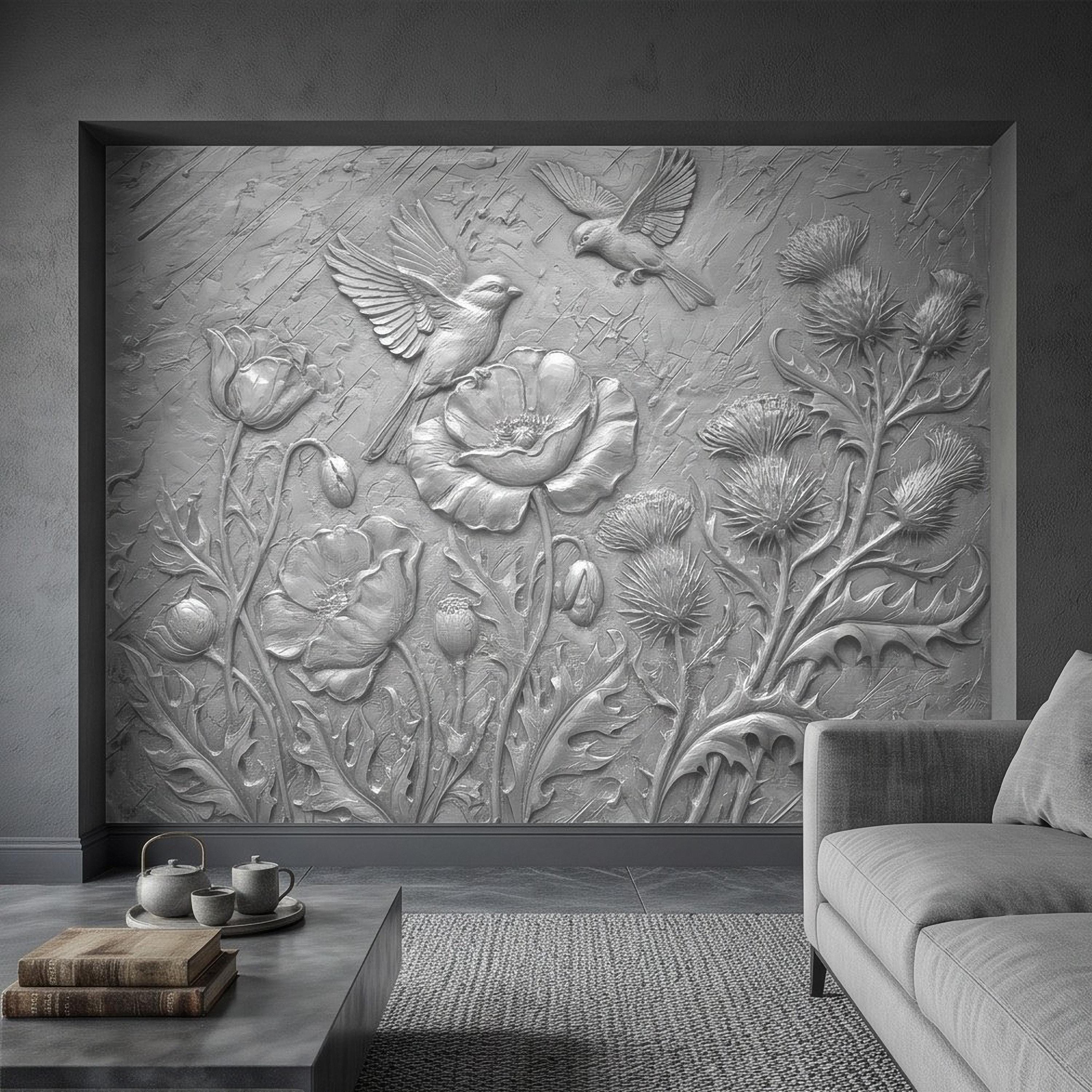 Wildflower Meadow Peel and Stick Wall Mural, Embossed Botanical Relief Poppies Thistles and Songbirds Sculpted Nature Wallpaper
