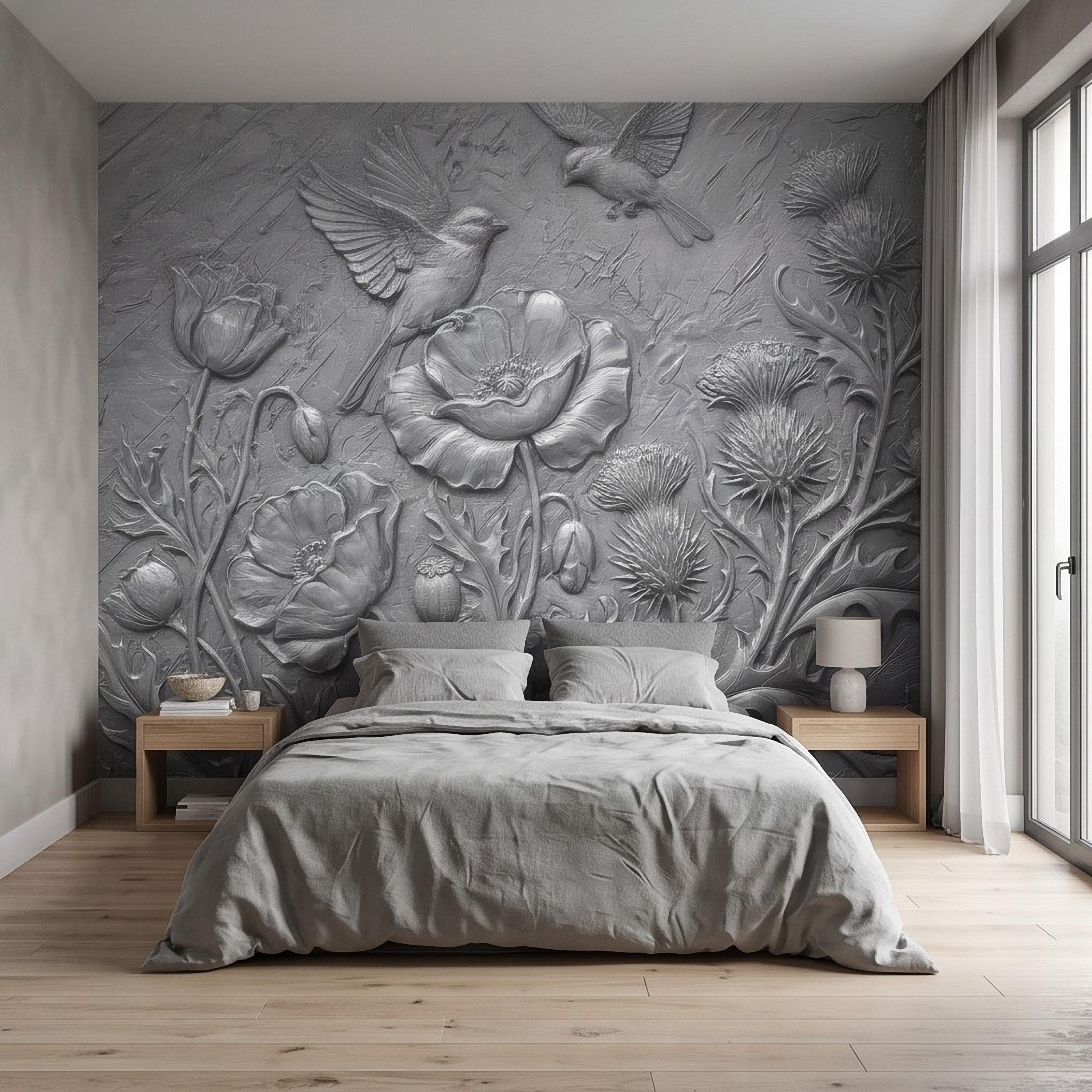 Wildflower Meadow Peel and Stick Wall Mural, Embossed Botanical Relief Poppies Thistles and Songbirds Sculpted Nature Wallpaper