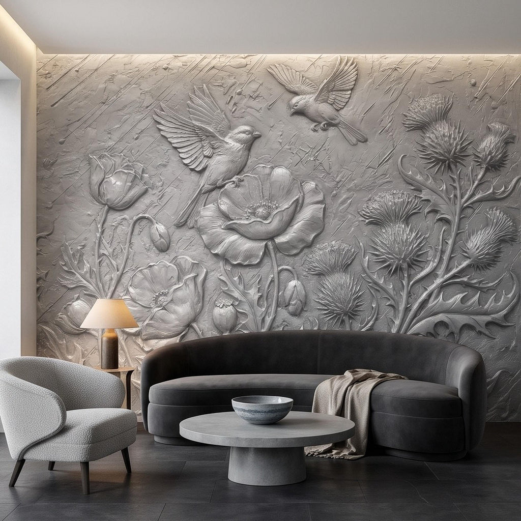Wildflower Meadow Peel and Stick Wall Mural, Embossed Botanical Relief Poppies Thistles and Songbirds Sculpted Nature Wallpaper