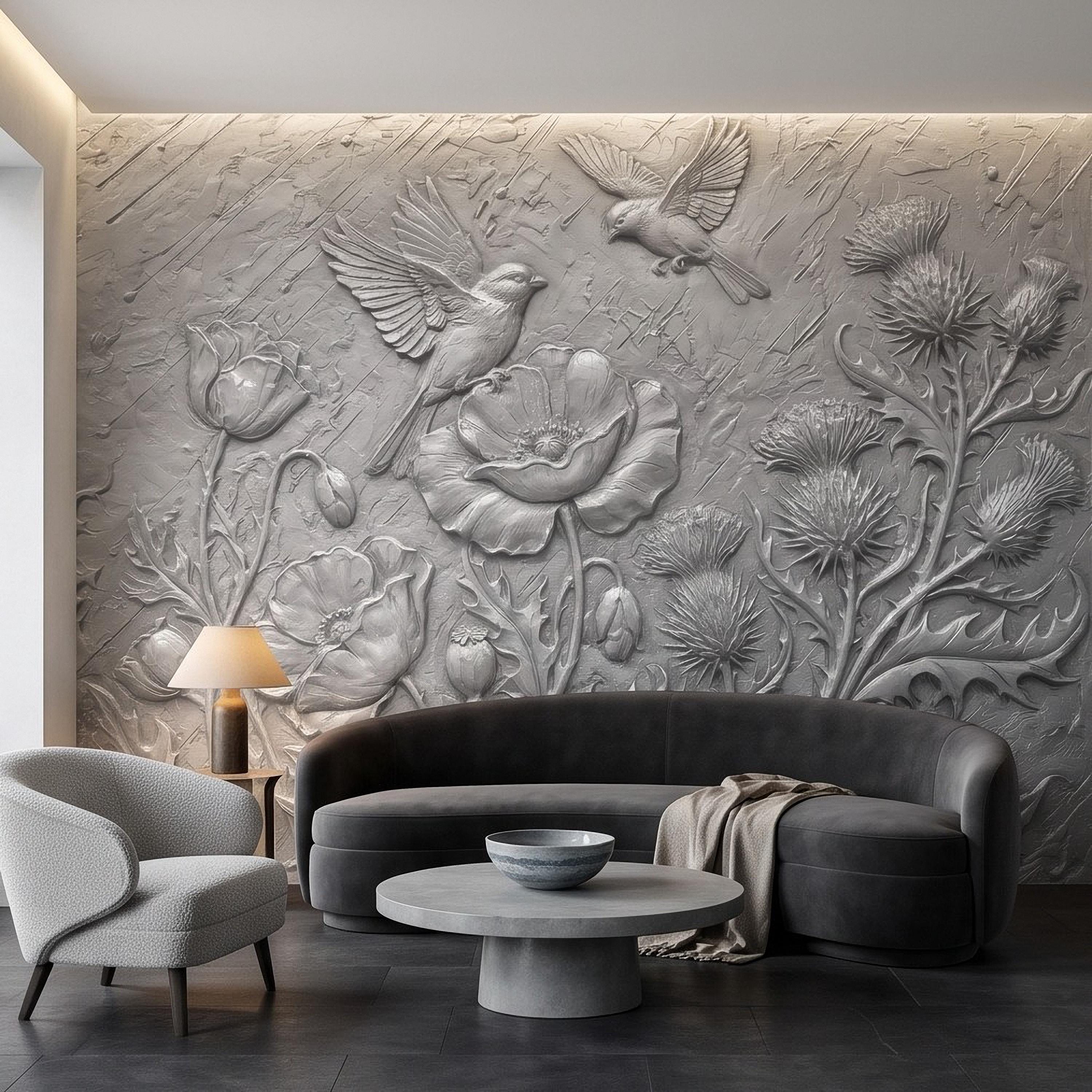 Wildflower Meadow Peel and Stick Wall Mural, Embossed Botanical Relief Poppies Thistles and Songbirds Sculpted Nature Wallpaper