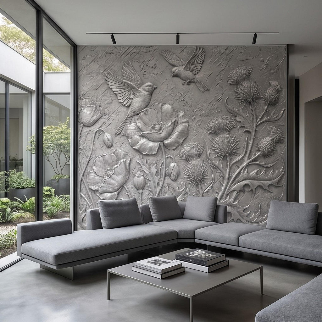 Wildflower Meadow Peel and Stick Wall Mural, Embossed Botanical Relief Poppies Thistles and Songbirds Sculpted Nature Wallpaper