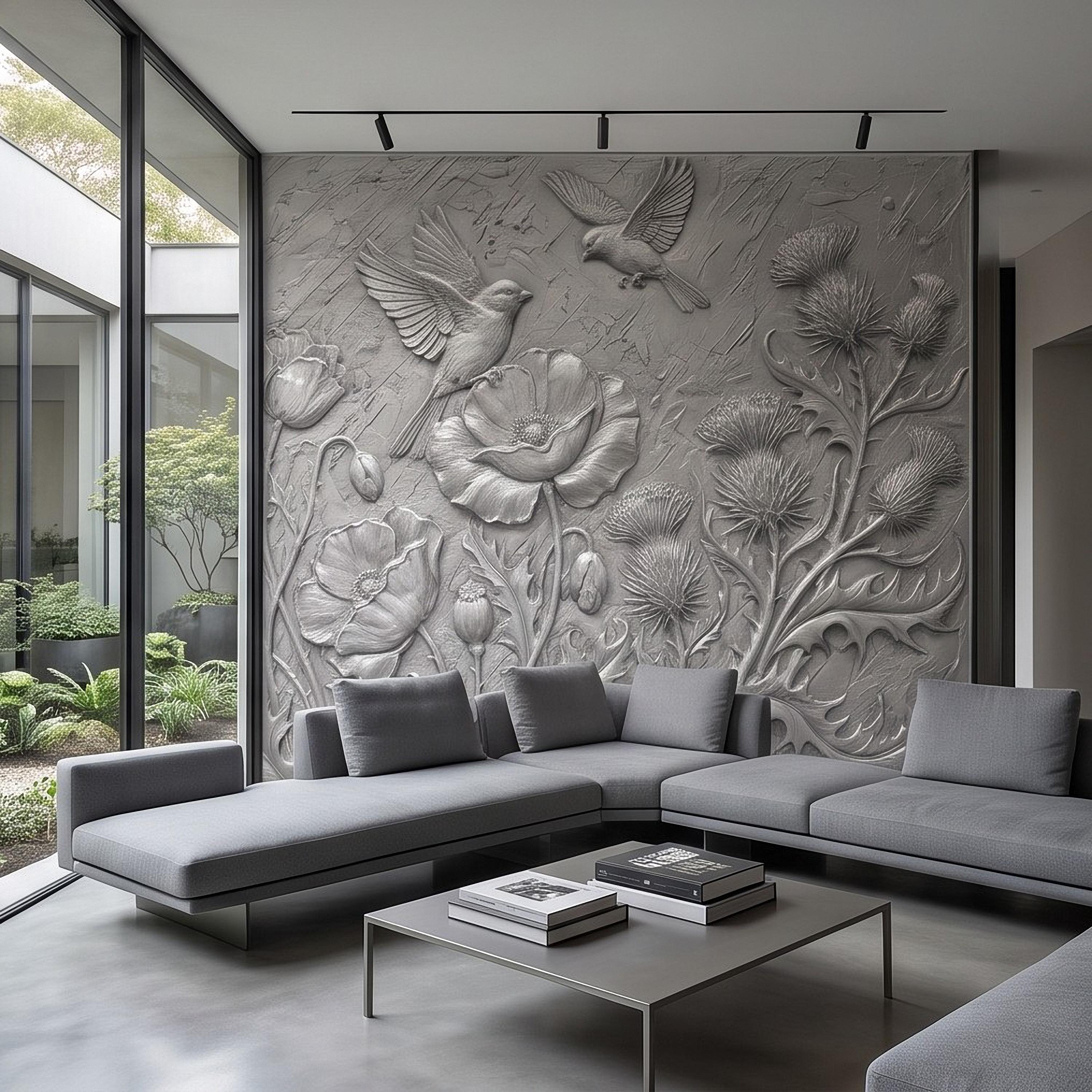 Wildflower Meadow Peel and Stick Wall Mural, Embossed Botanical Relief Poppies Thistles and Songbirds Sculpted Nature Wallpaper