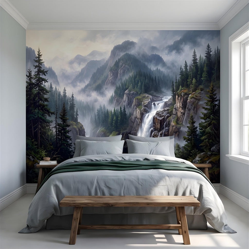 Mountain Waterfall Peel and Stick Wall Mural, Misty Pine Forest Valley, Majestic Rocky Wilderness, Scenic Nature Wallpaper