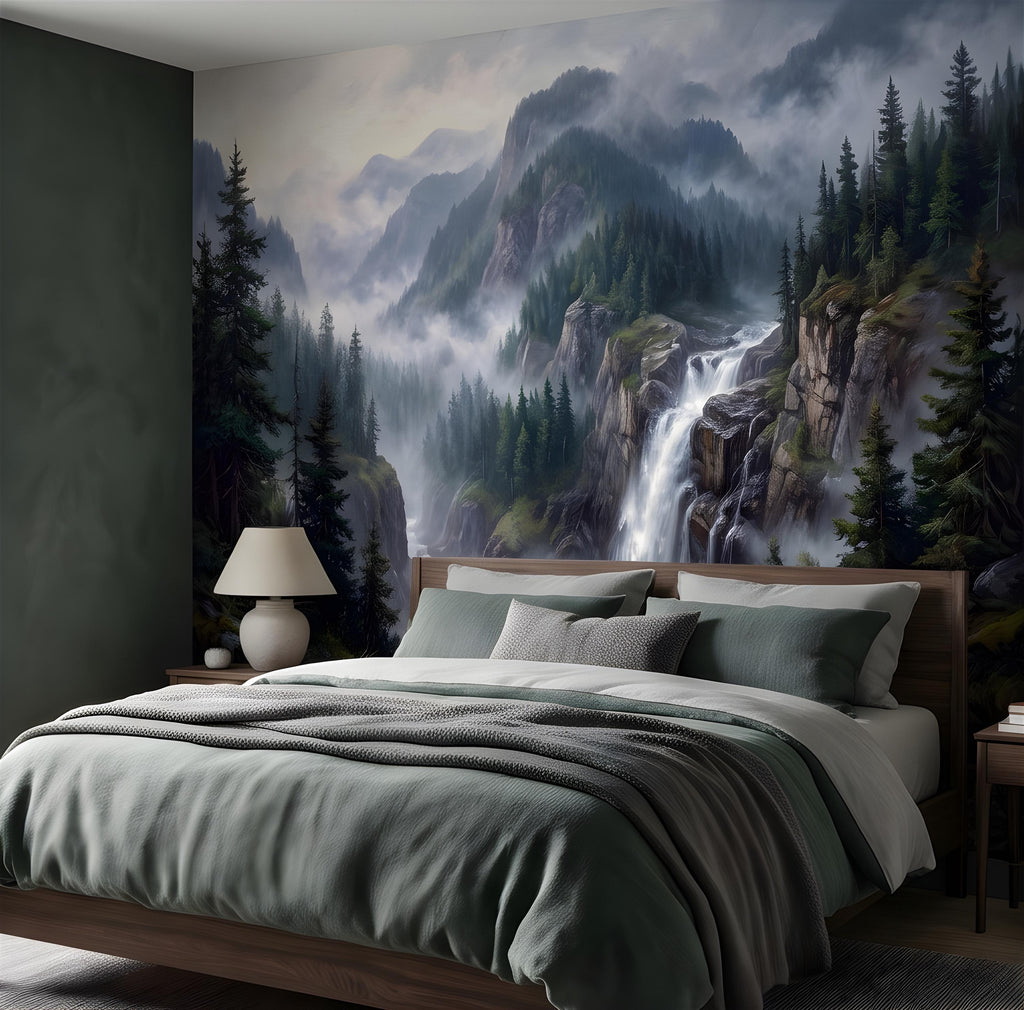 Mountain Waterfall Peel and Stick Wall Mural, Misty Pine Forest Valley, Majestic Rocky Wilderness, Scenic Nature Wallpaper