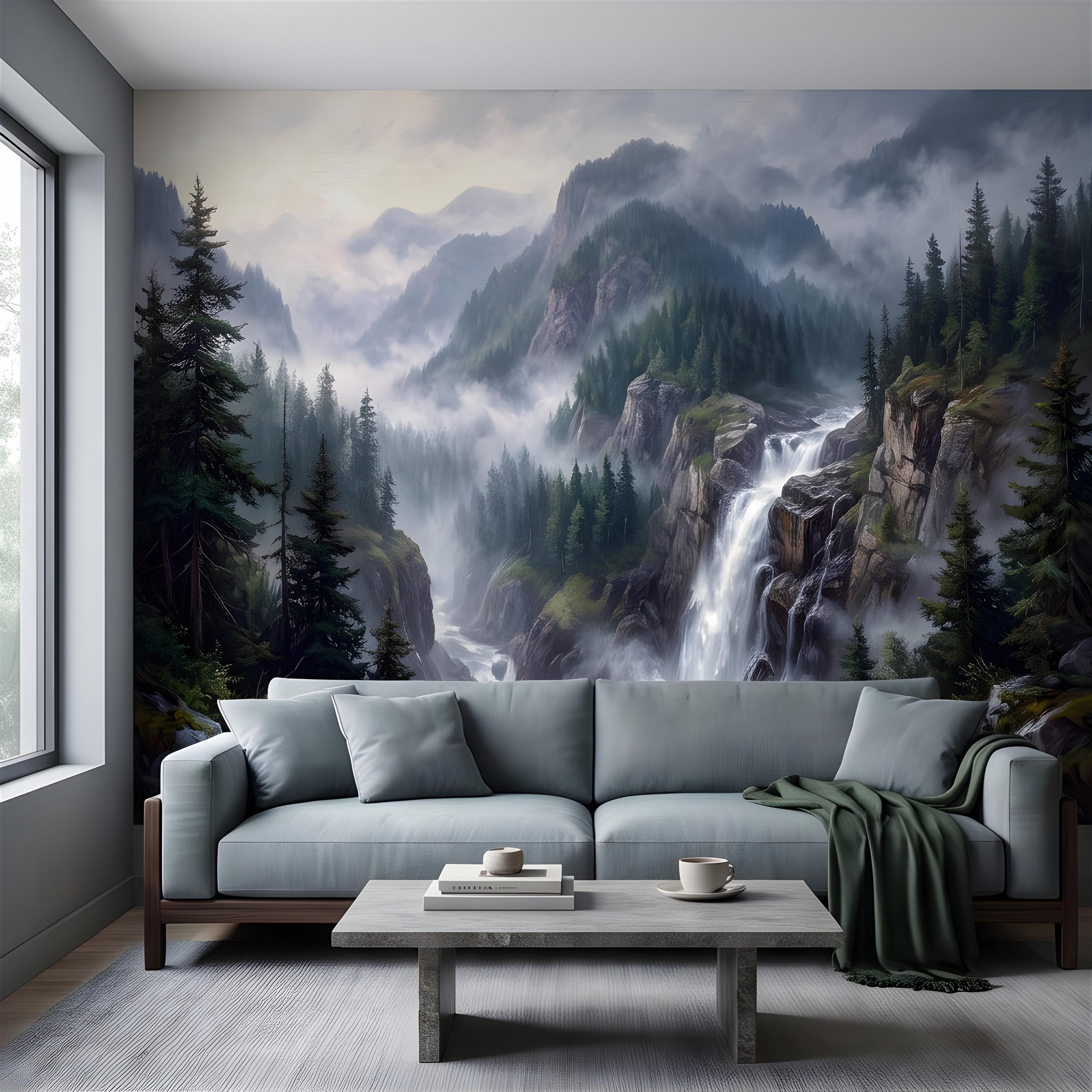 Mountain Waterfall Peel and Stick Wall Mural, Misty Pine Forest Valley, Majestic Rocky Wilderness, Scenic Nature Wallpaper