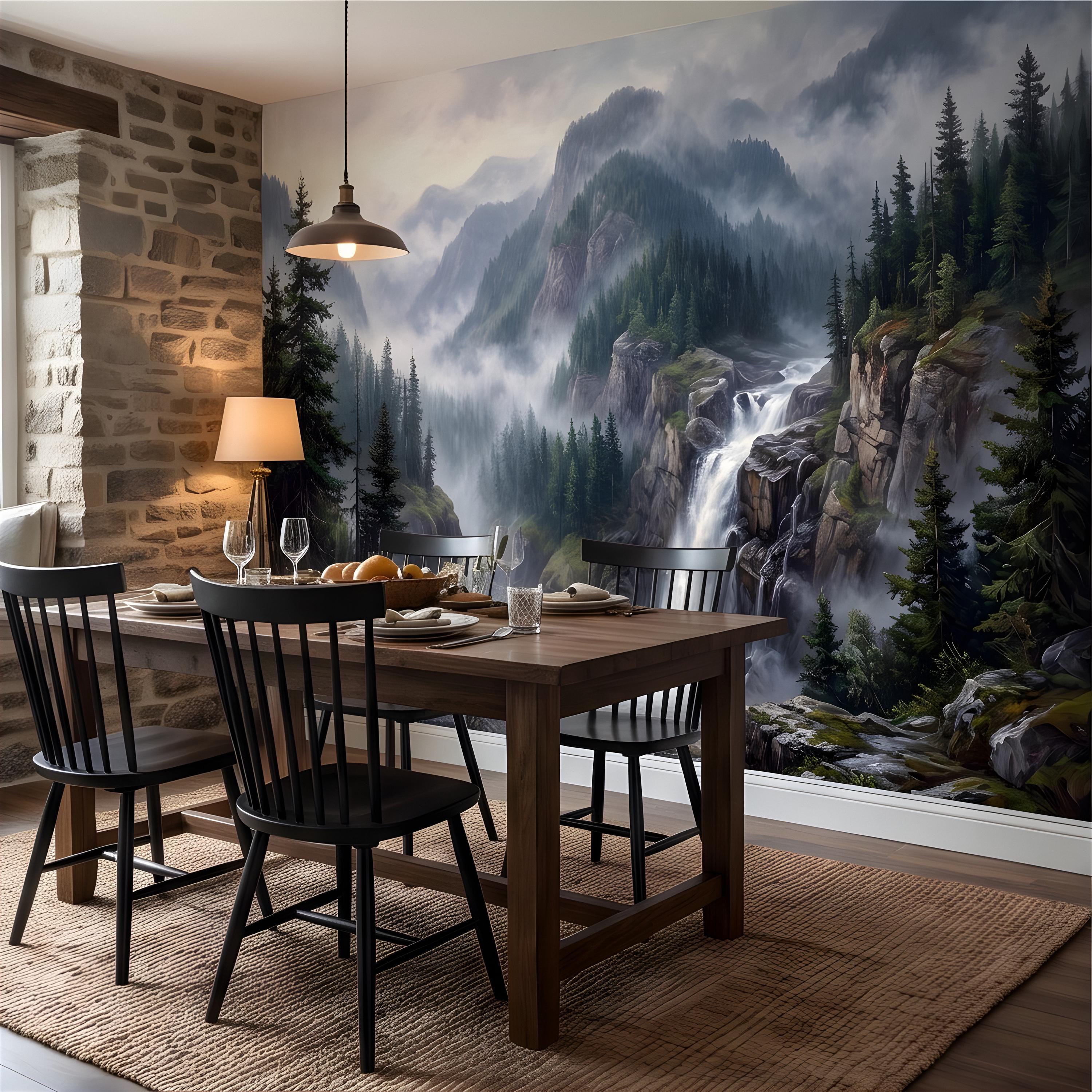 Mountain Waterfall Peel and Stick Wall Mural, Misty Pine Forest Valley, Majestic Rocky Wilderness, Scenic Nature Wallpaper