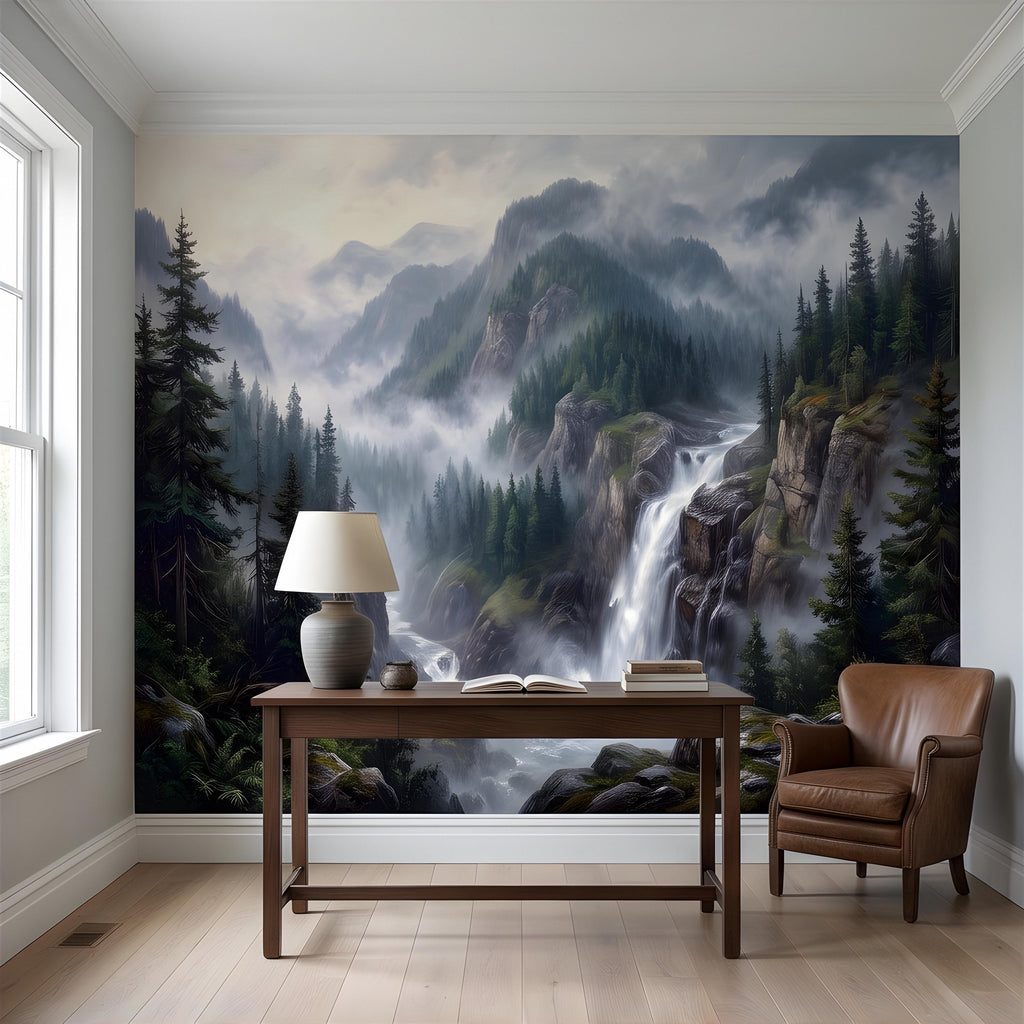 Mountain Waterfall Peel and Stick Wall Mural, Misty Pine Forest Valley, Majestic Rocky Wilderness, Scenic Nature Wallpaper