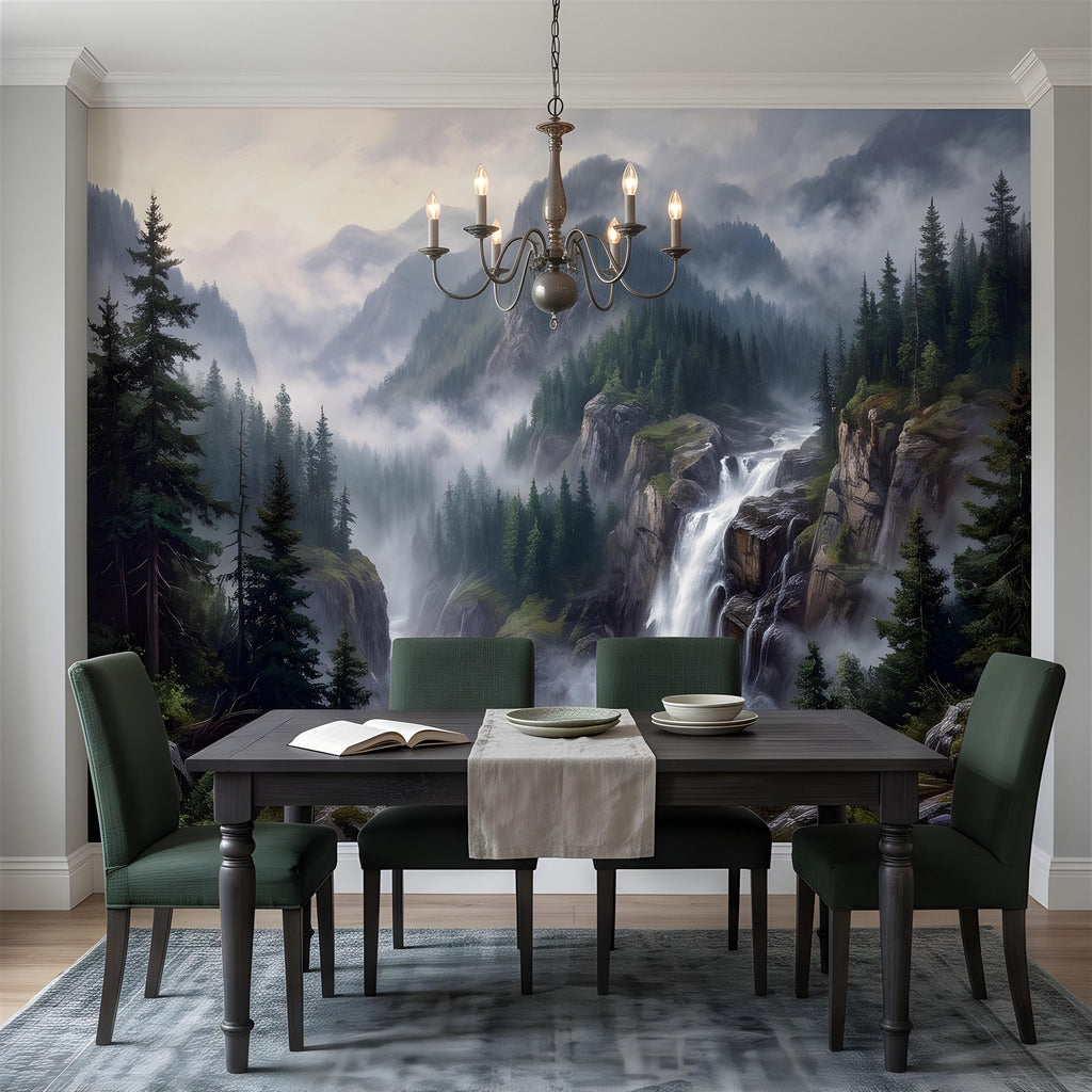 Mountain Waterfall Peel and Stick Wall Mural, Misty Pine Forest Valley, Majestic Rocky Wilderness, Scenic Nature Wallpaper