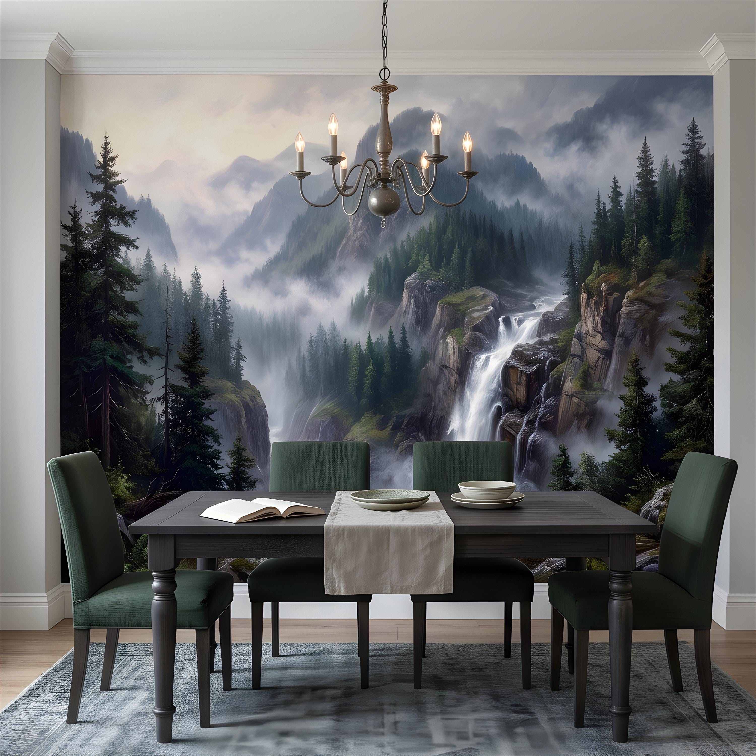 Mountain Waterfall Peel and Stick Wall Mural, Misty Pine Forest Valley, Majestic Rocky Wilderness, Scenic Nature Wallpaper