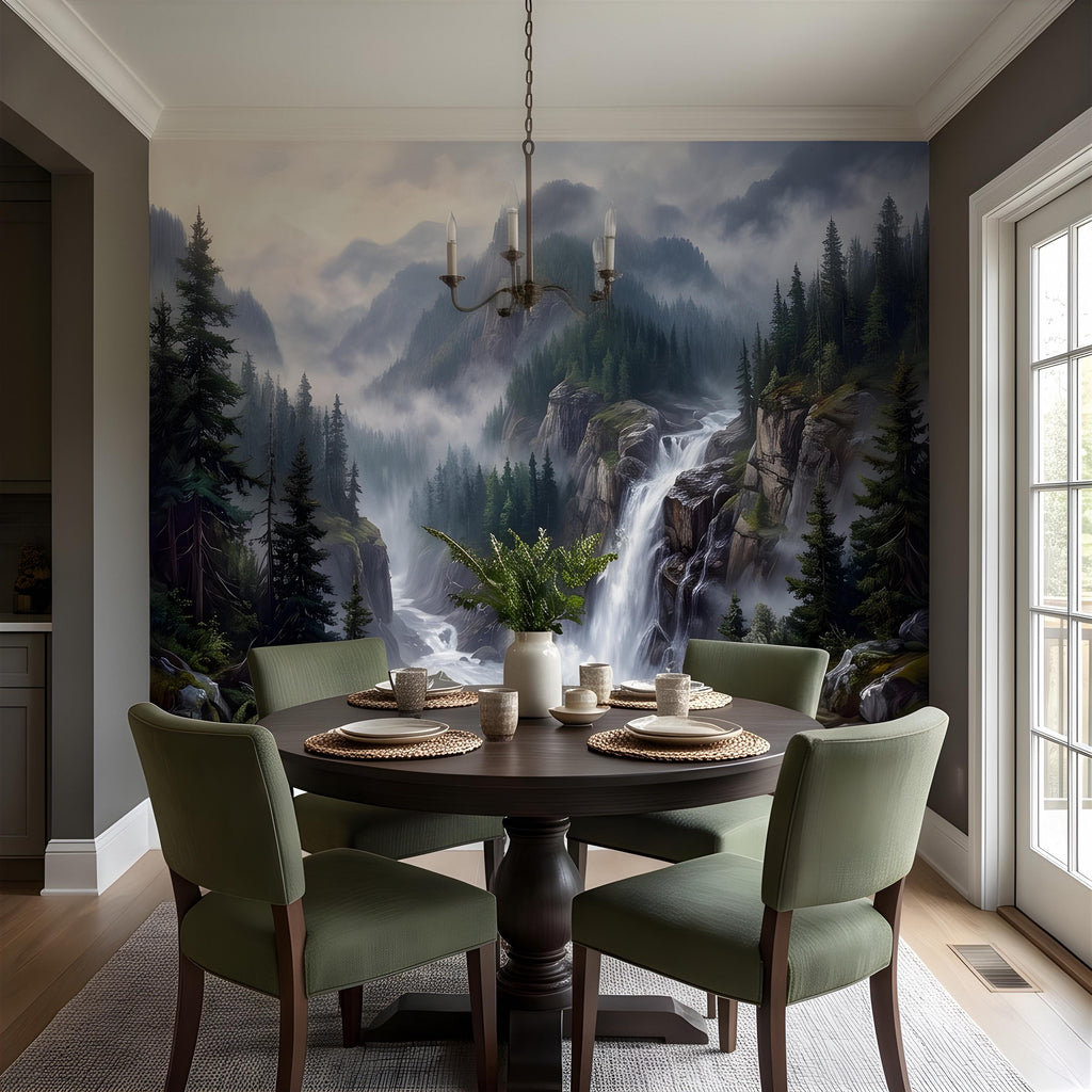 Mountain Waterfall Peel and Stick Wall Mural, Misty Pine Forest Valley, Majestic Rocky Wilderness, Scenic Nature Wallpaper