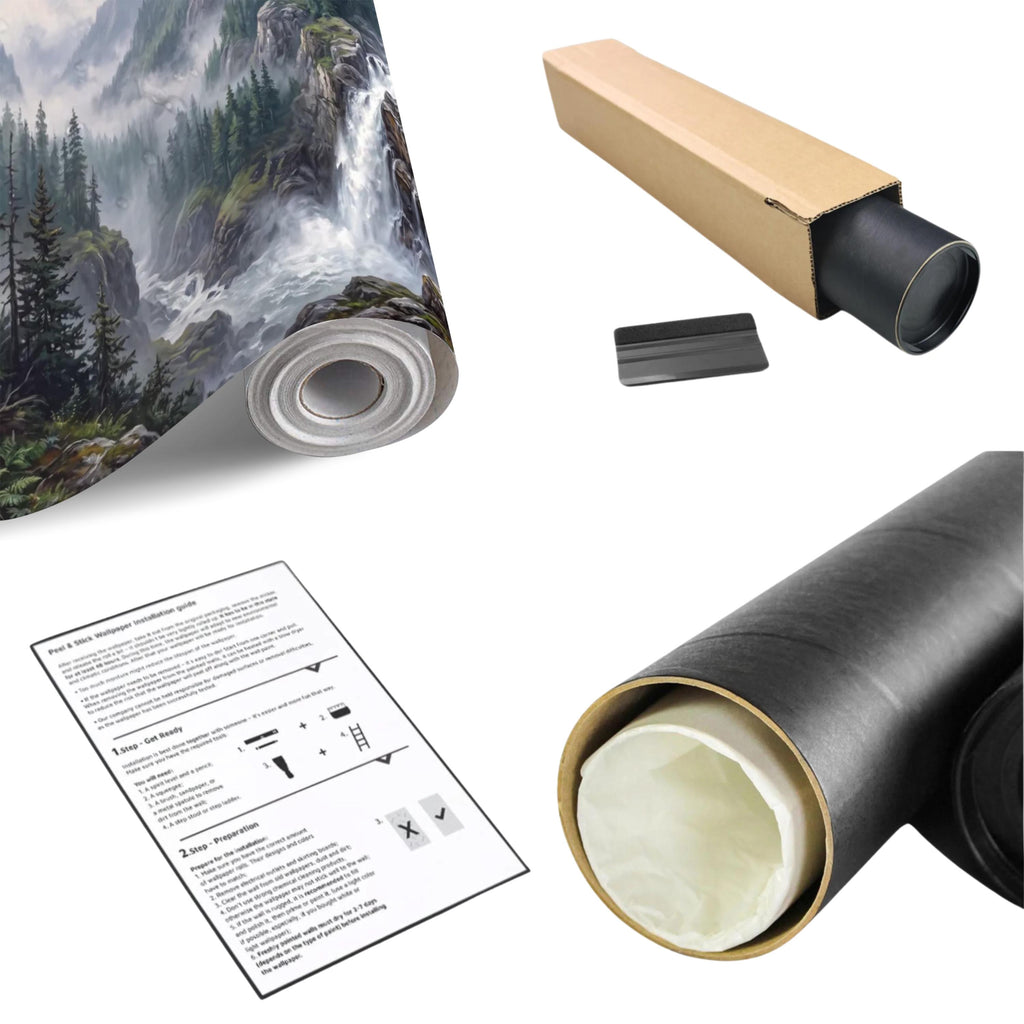 Mountain Waterfall Peel and Stick Wall Mural, Misty Pine Forest Valley, Majestic Rocky Wilderness, Scenic Nature Wallpaper