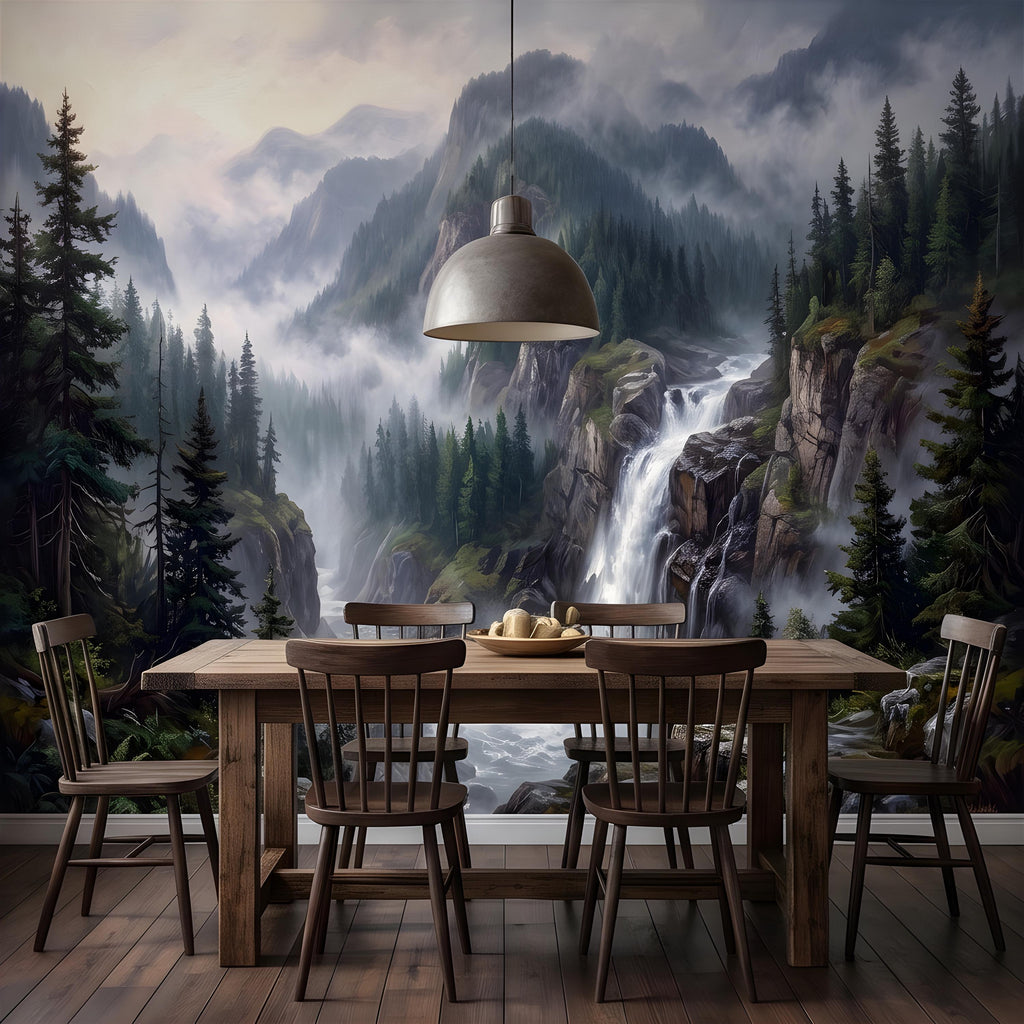 Mountain Waterfall Peel and Stick Wall Mural, Misty Pine Forest Valley, Majestic Rocky Wilderness, Scenic Nature Wallpaper