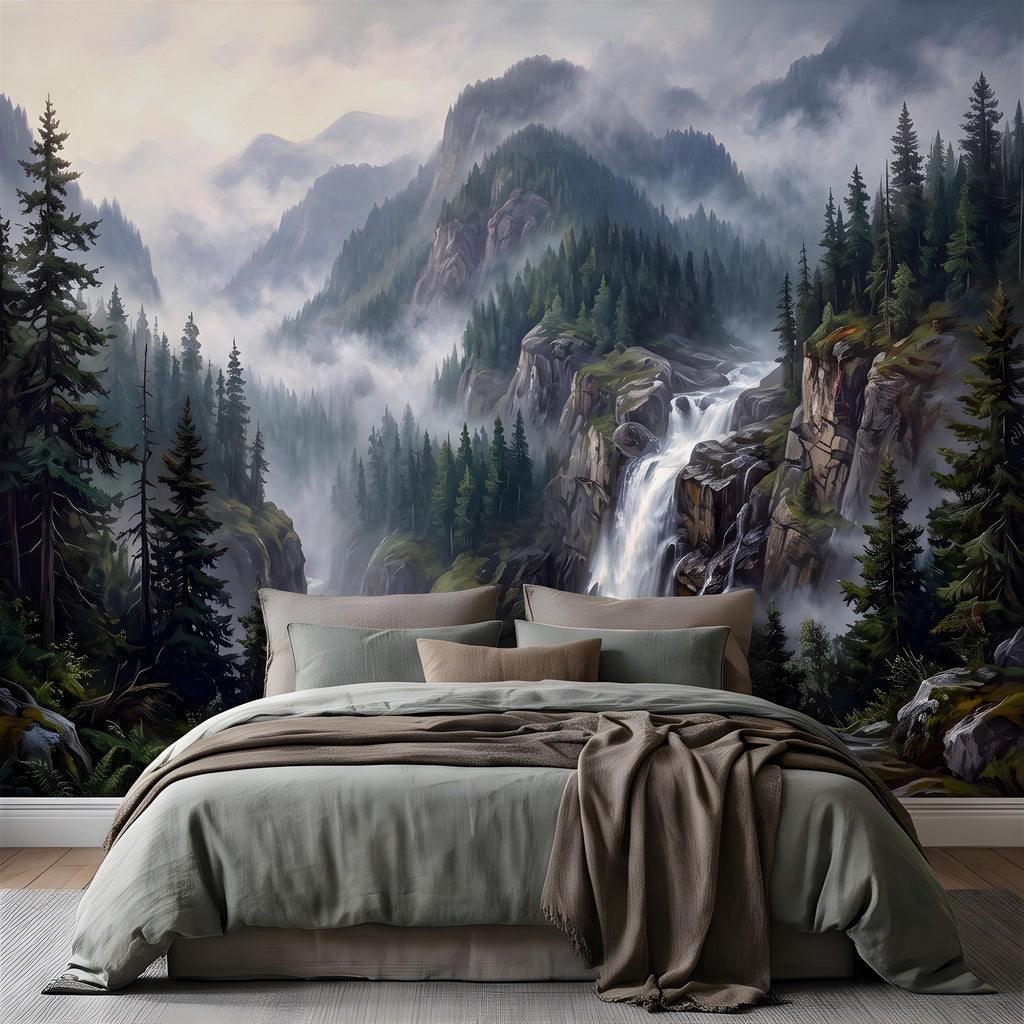 Mountain Waterfall Peel and Stick Wall Mural, Misty Pine Forest Valley, Majestic Rocky Wilderness, Scenic Nature Wallpaper