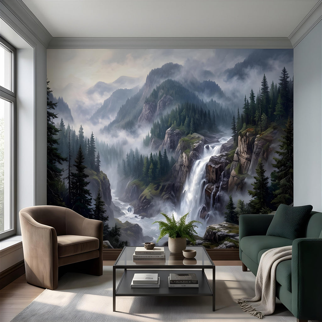 Mountain Waterfall Peel and Stick Wall Mural, Misty Pine Forest Valley, Majestic Rocky Wilderness, Scenic Nature Wallpaper