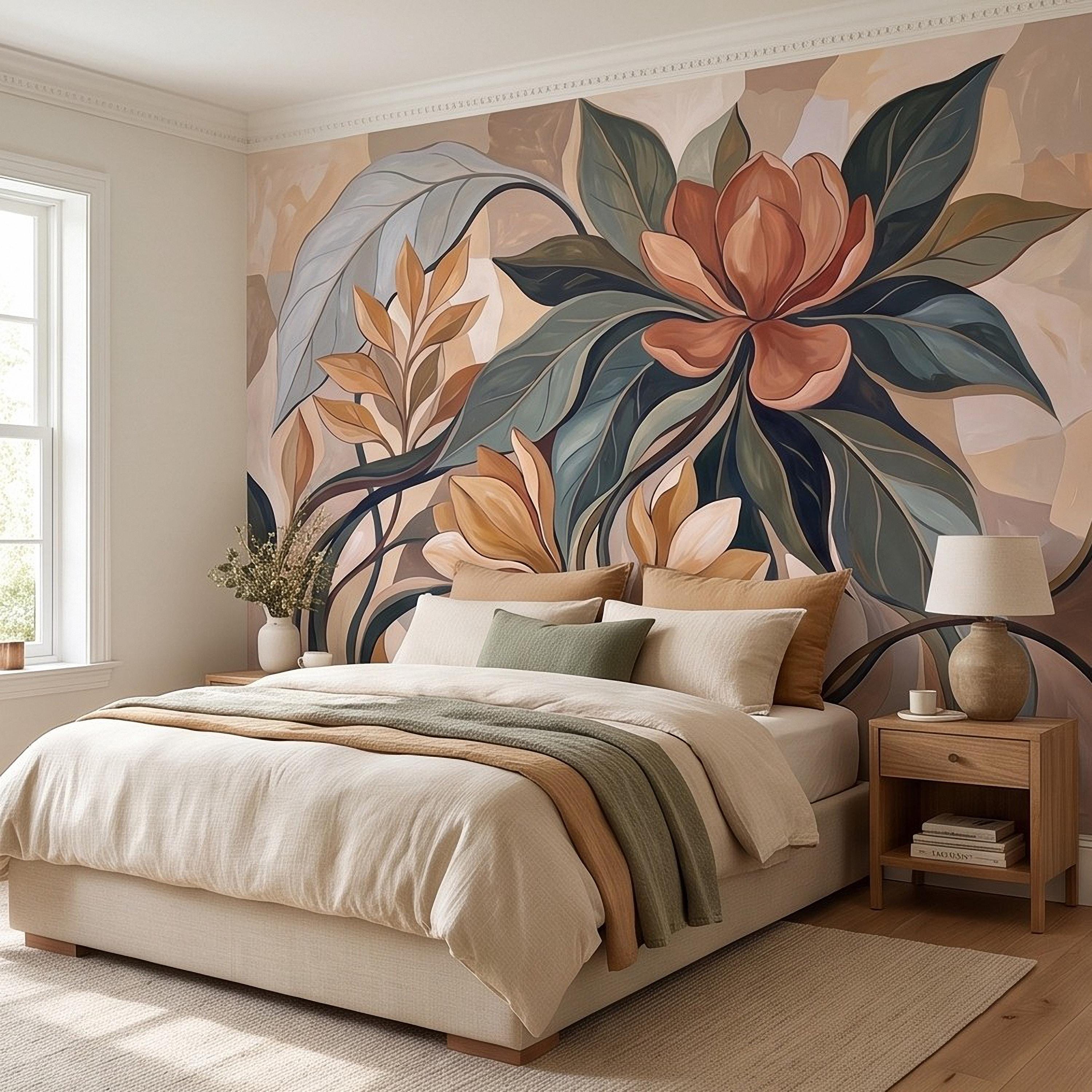 Abstract Botanical Peel and Stick Wall Mural, Modern Floral Leaves, Earth Tone Foliage Contemporary Wallpaper