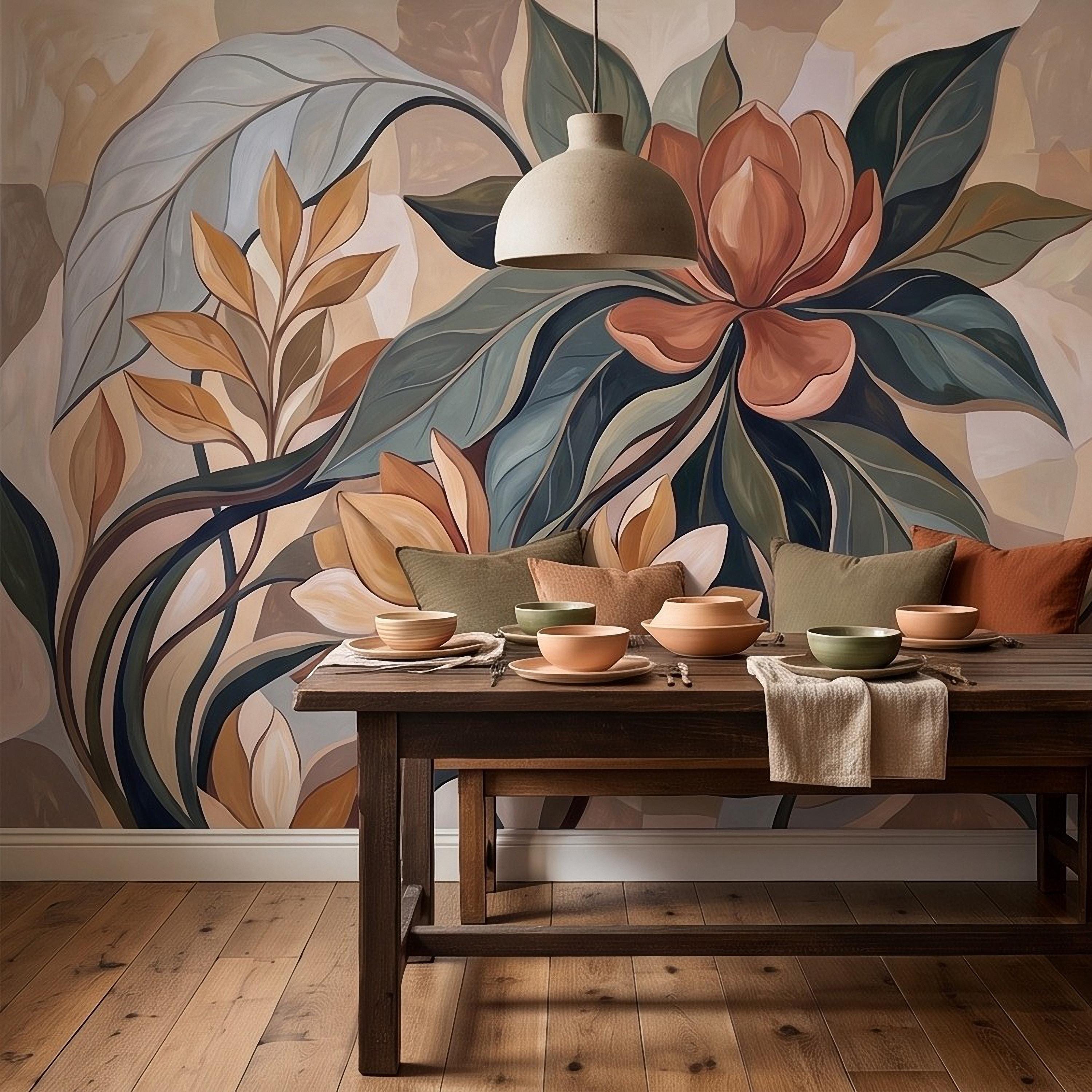 Abstract Botanical Peel and Stick Wall Mural, Modern Floral Leaves, Earth Tone Foliage Contemporary Wallpaper