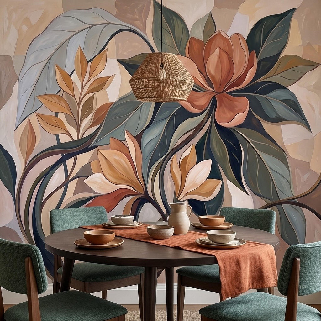 Abstract Botanical Peel and Stick Wall Mural, Modern Floral Leaves, Earth Tone Foliage Contemporary Wallpaper