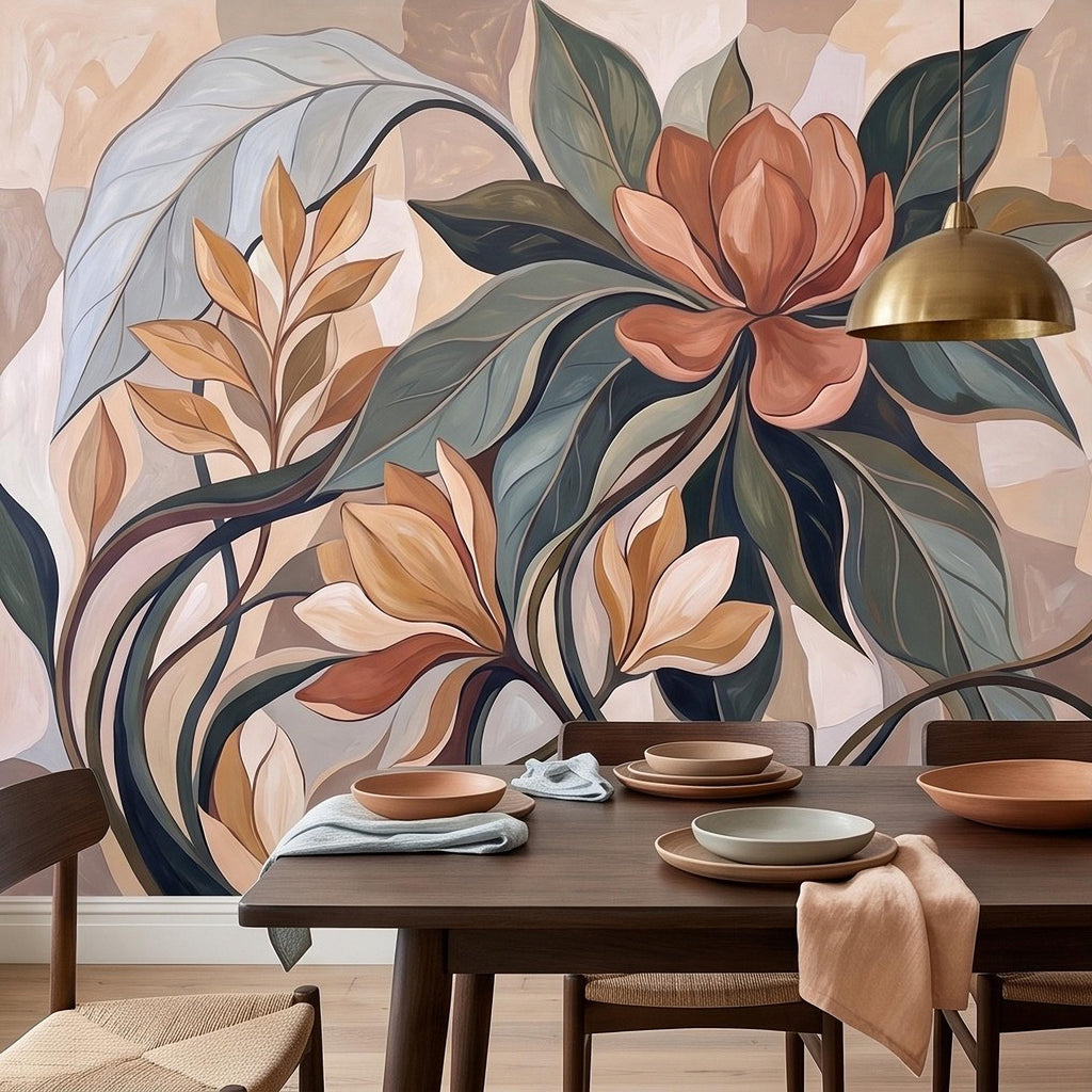 Abstract Botanical Peel and Stick Wall Mural, Modern Floral Leaves, Earth Tone Foliage Contemporary Wallpaper