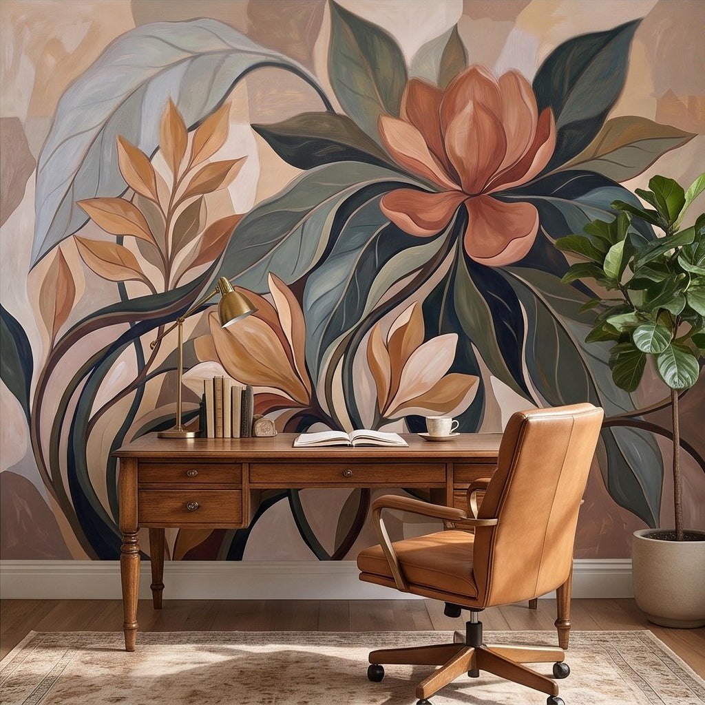Abstract Botanical Peel and Stick Wall Mural, Modern Floral Leaves, Earth Tone Foliage Contemporary Wallpaper
