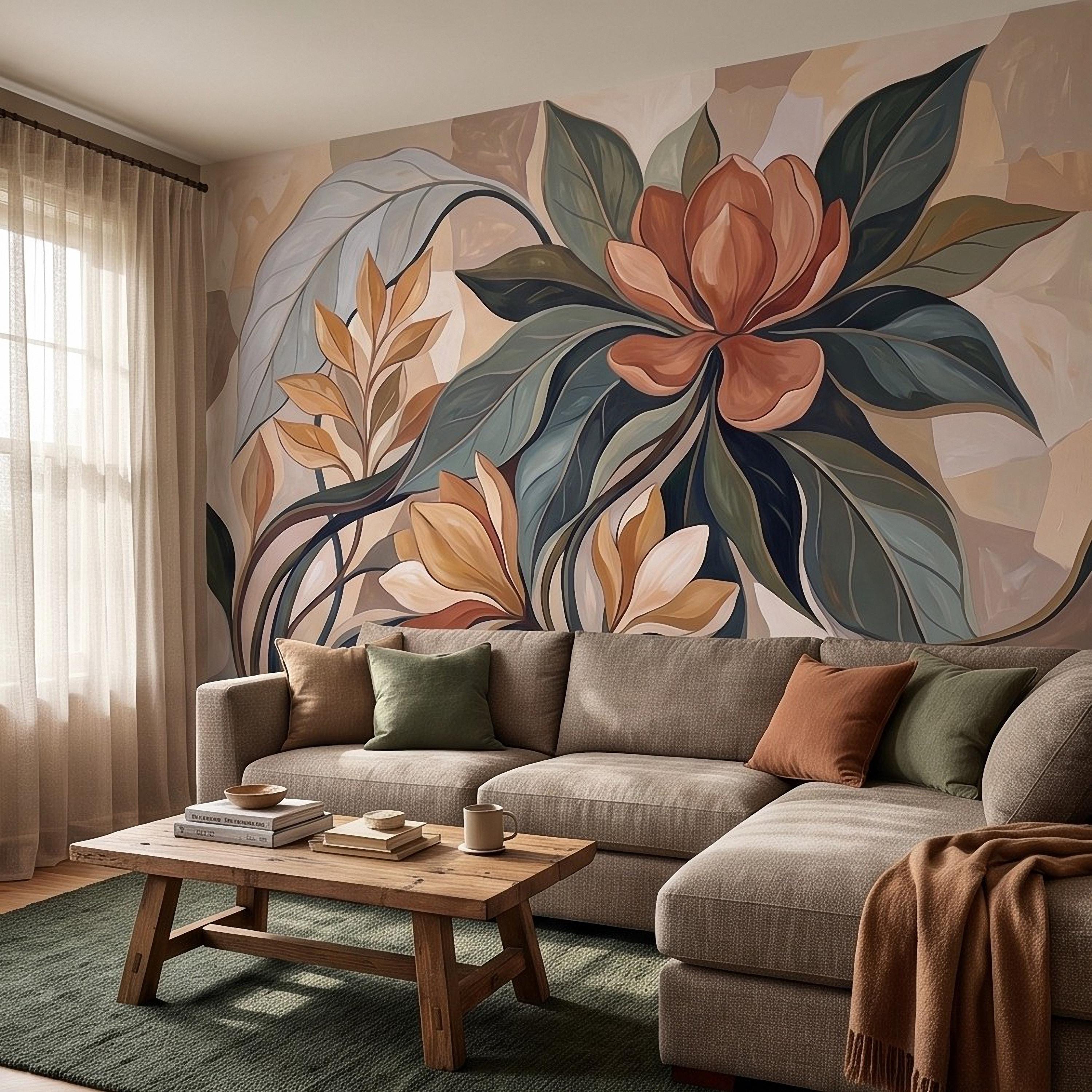 Abstract Botanical Peel and Stick Wall Mural, Modern Floral Leaves, Earth Tone Foliage Contemporary Wallpaper