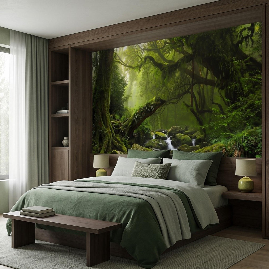 Rainforest Waterfall Peel and Stick Wall Mural, Tropical Jungle Stream Moss Covered Forest Lush Nature Landscape Wallpaper