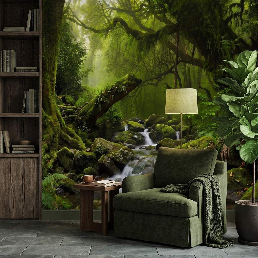 Rainforest Waterfall Peel and Stick Wall Mural, Tropical Jungle Stream Moss Covered Forest Lush Nature Landscape Wallpaper