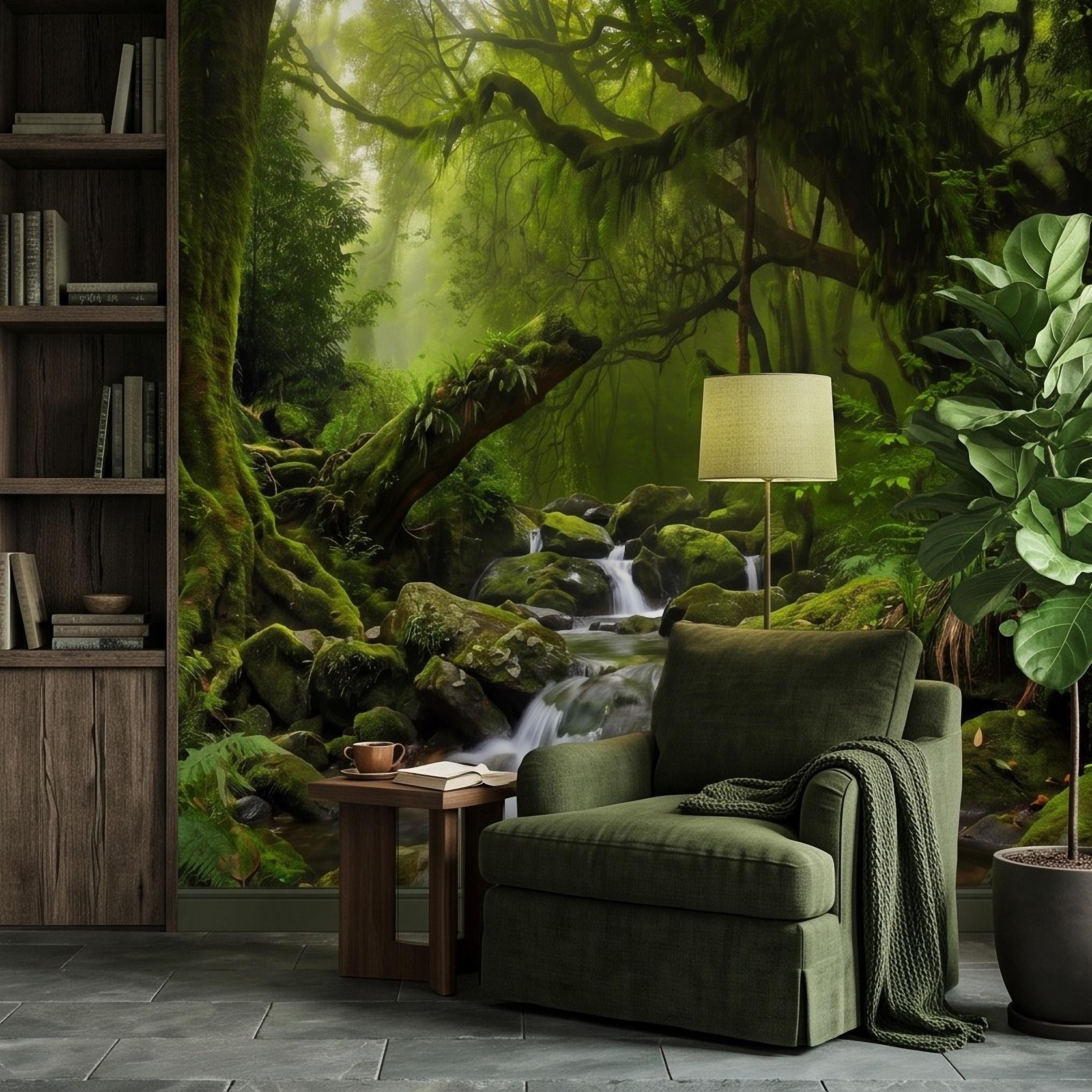 Rainforest Waterfall Peel and Stick Wall Mural, Tropical Jungle Stream Moss Covered Forest Lush Nature Landscape Wallpaper