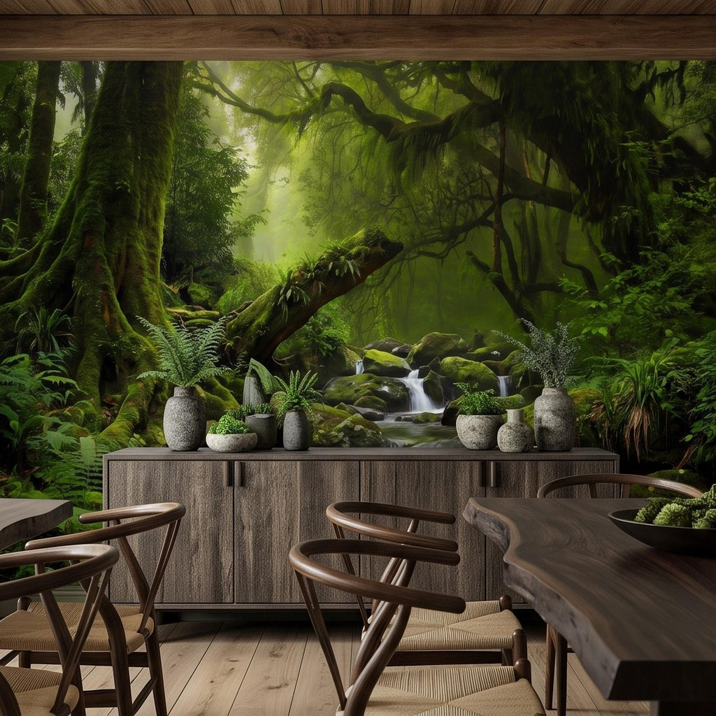 Rainforest Waterfall Peel and Stick Wall Mural, Tropical Jungle Stream Moss Covered Forest Lush Nature Landscape Wallpaper