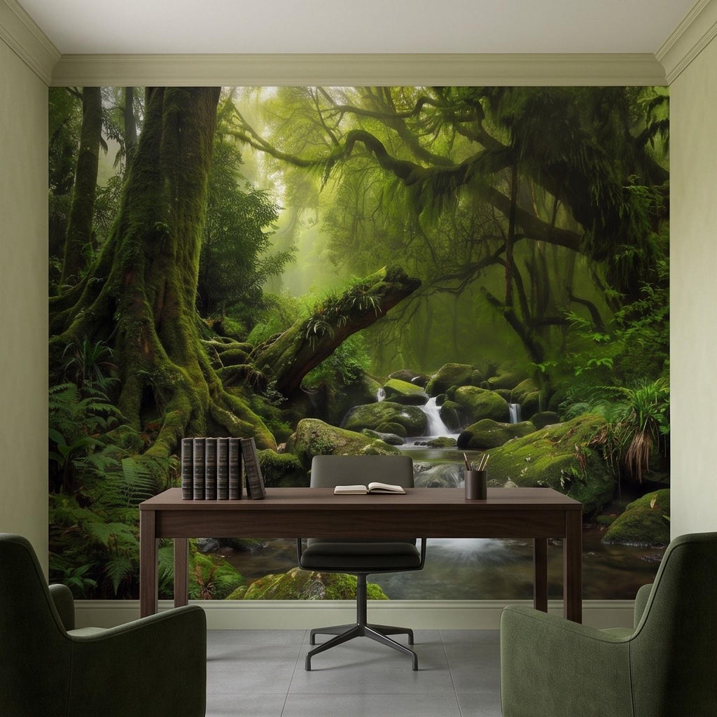 Rainforest Waterfall Peel and Stick Wall Mural, Tropical Jungle Stream Moss Covered Forest Lush Nature Landscape Wallpaper