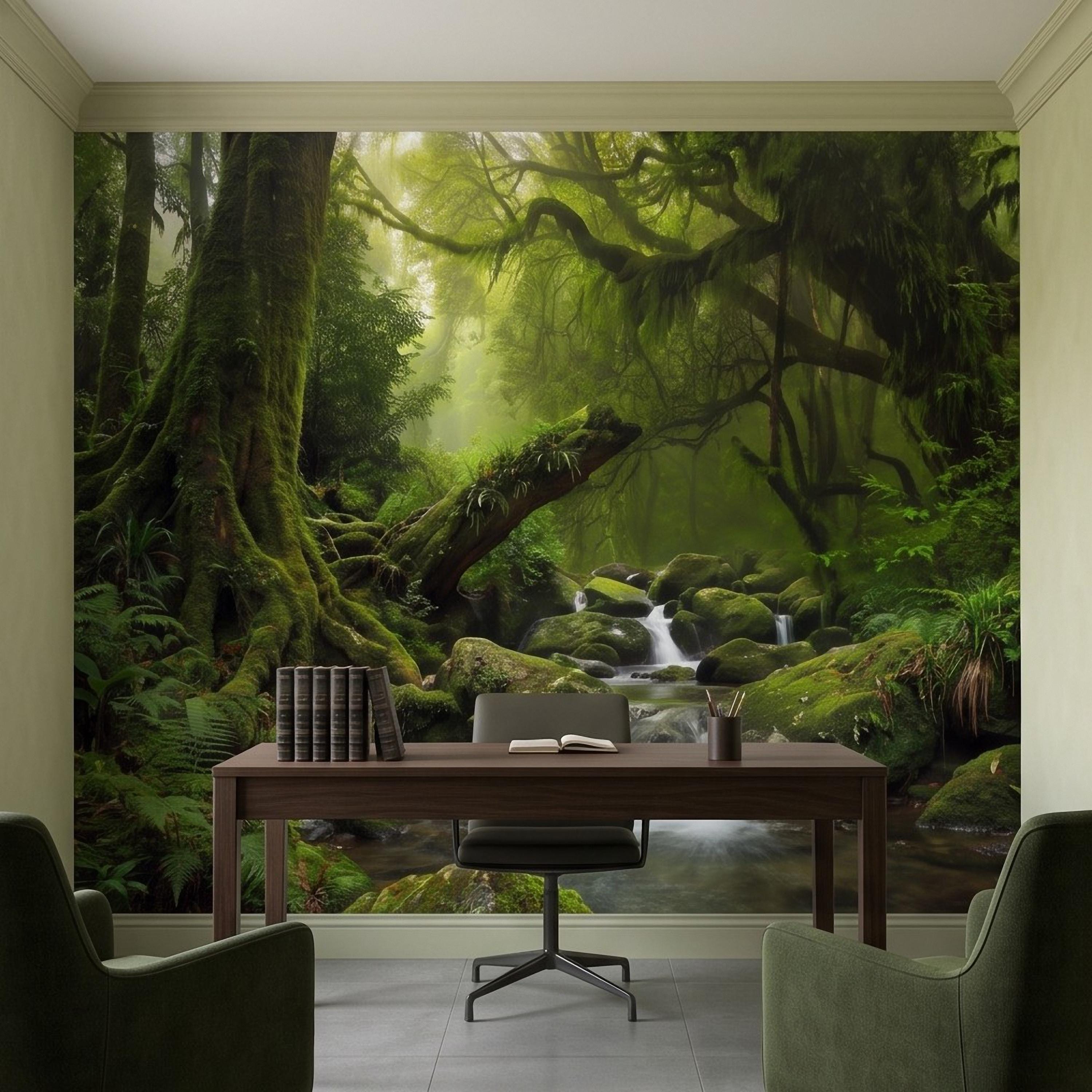 Rainforest Waterfall Peel and Stick Wall Mural, Tropical Jungle Stream Moss Covered Forest Lush Nature Landscape Wallpaper