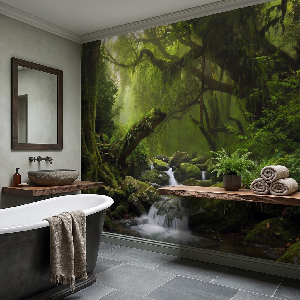 Rainforest Waterfall Peel and Stick Wall Mural, Tropical Jungle Stream Moss Covered Forest Lush Nature Landscape Wallpaper