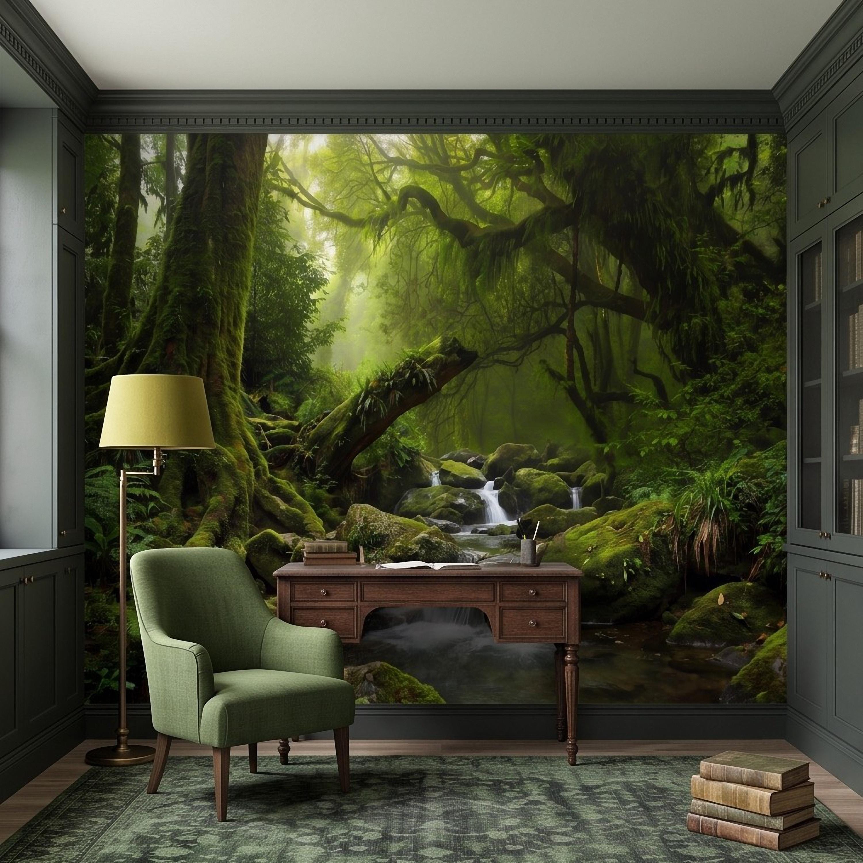 Rainforest Waterfall Peel and Stick Wall Mural, Tropical Jungle Stream Moss Covered Forest Lush Nature Landscape Wallpaper