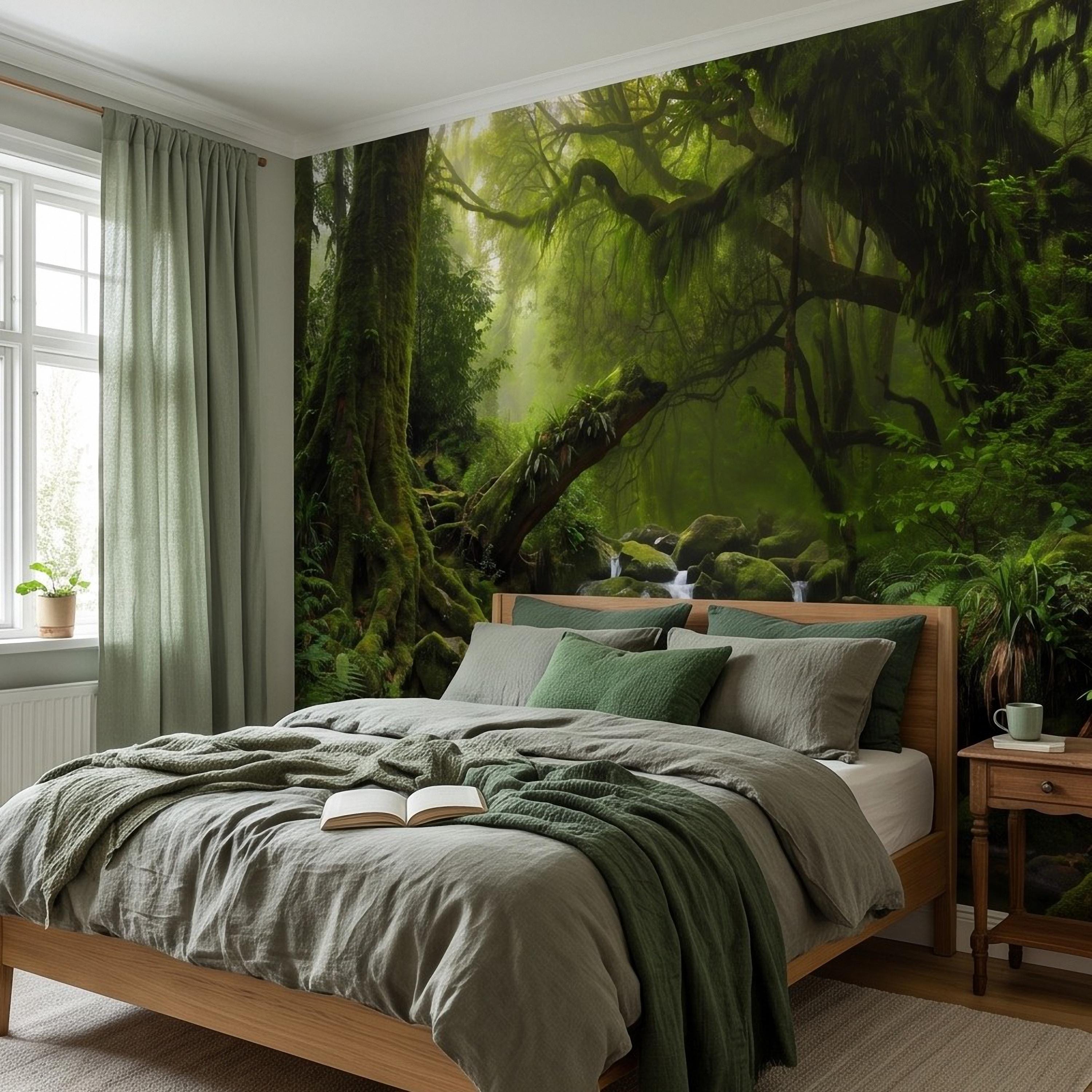Rainforest Waterfall Peel and Stick Wall Mural, Tropical Jungle Stream Moss Covered Forest Lush Nature Landscape Wallpaper