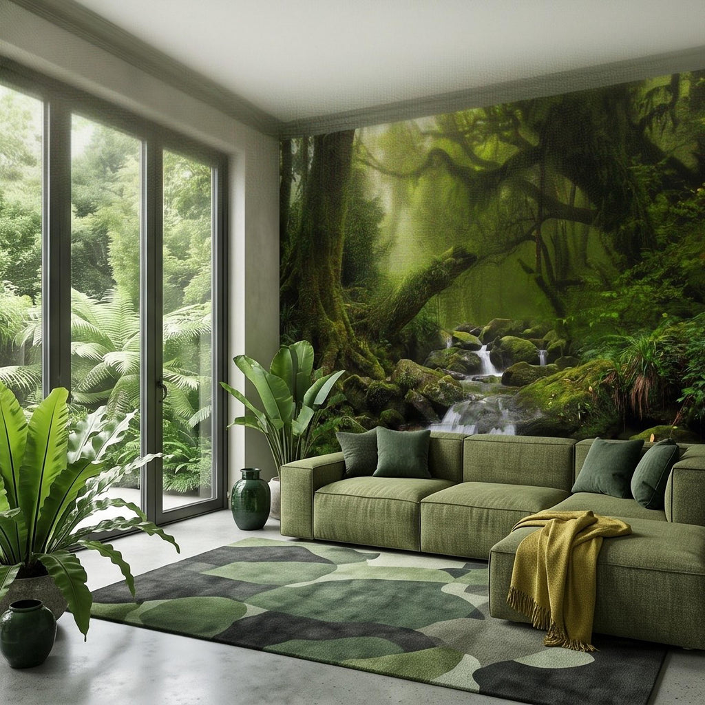 Rainforest Waterfall Peel and Stick Wall Mural, Tropical Jungle Stream Moss Covered Forest Lush Nature Landscape Wallpaper