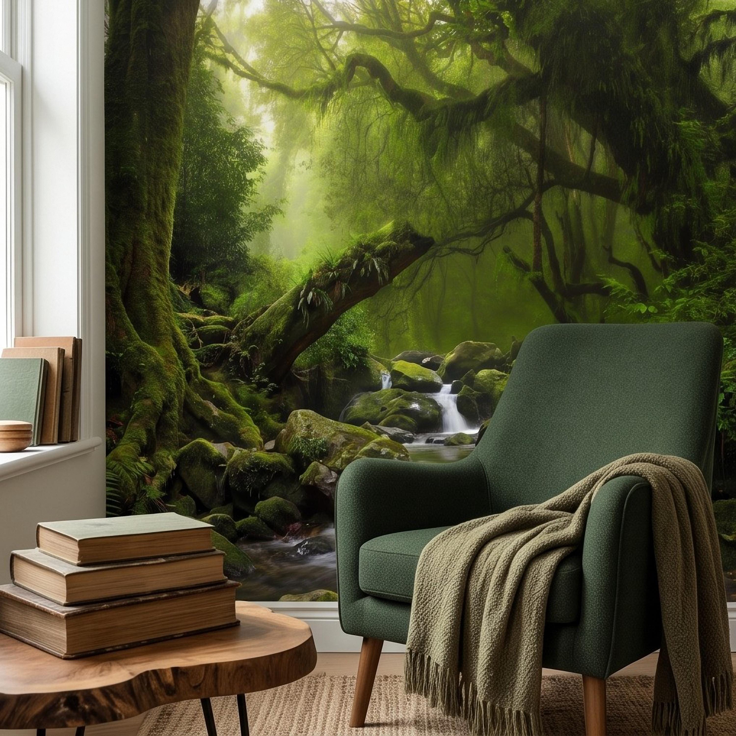 Rainforest Waterfall Peel and Stick Wall Mural, Tropical Jungle Stream Moss Covered Forest Lush Nature Landscape Wallpaper