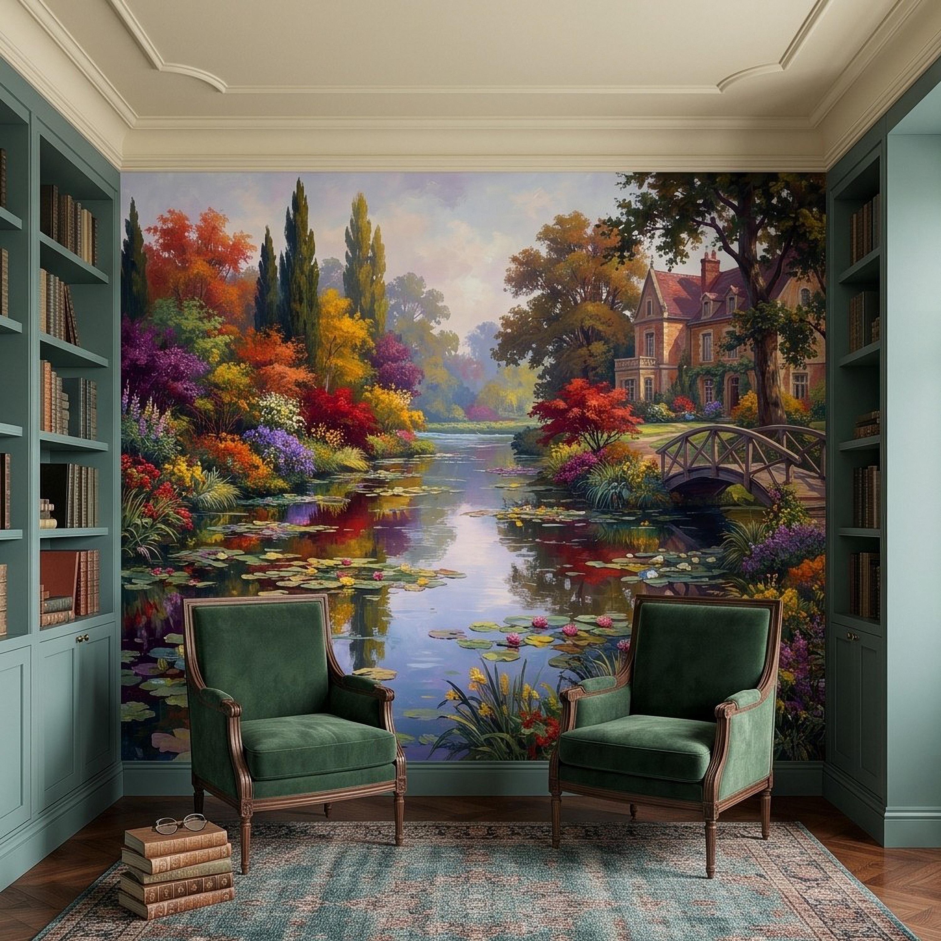 English Garden Peel and Stick Wall Mural, Impressionist Estate Landscape Lily Pond and Footbridge Cottage Wallpaper