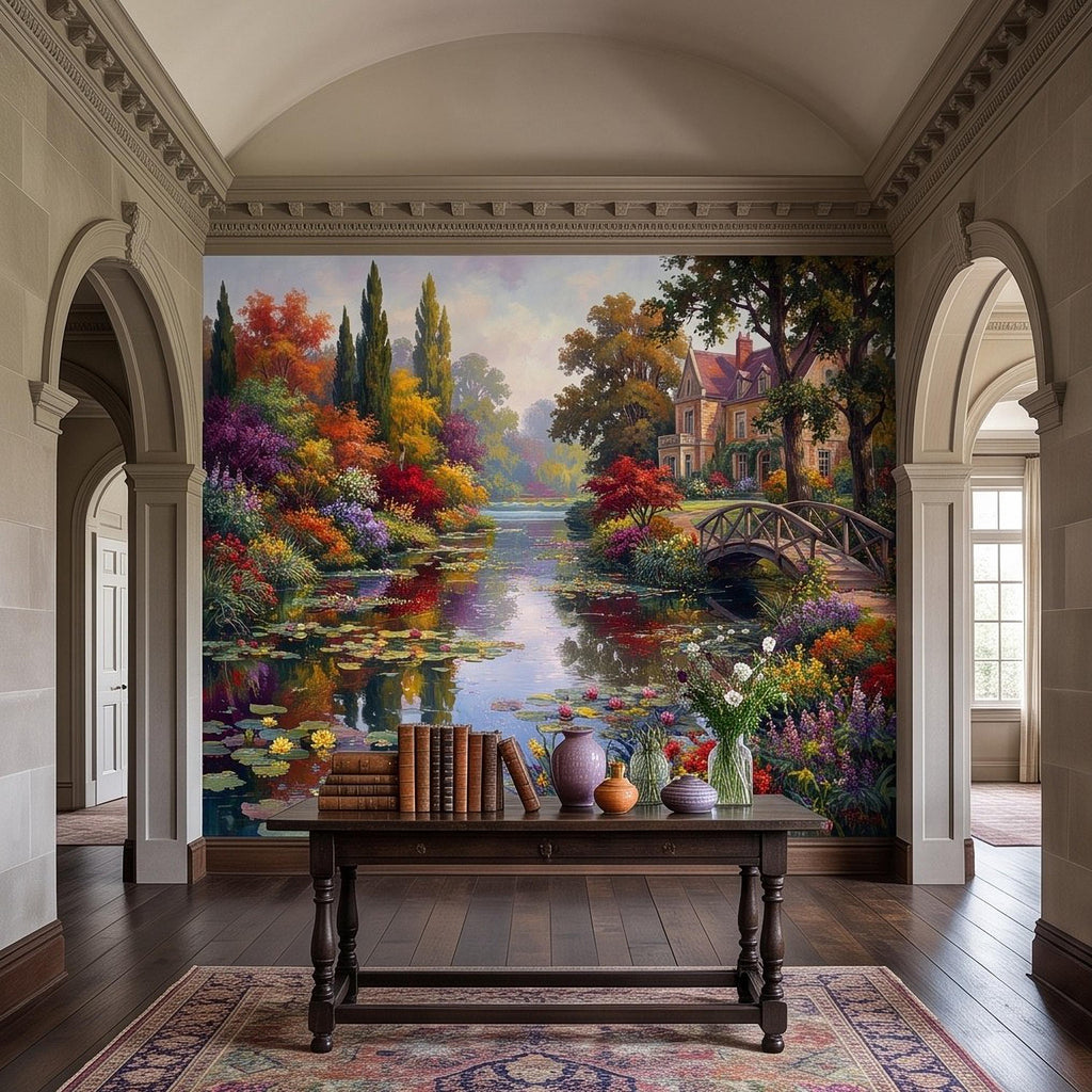 English Garden Peel and Stick Wall Mural, Impressionist Estate Landscape Lily Pond and Footbridge Cottage Wallpaper