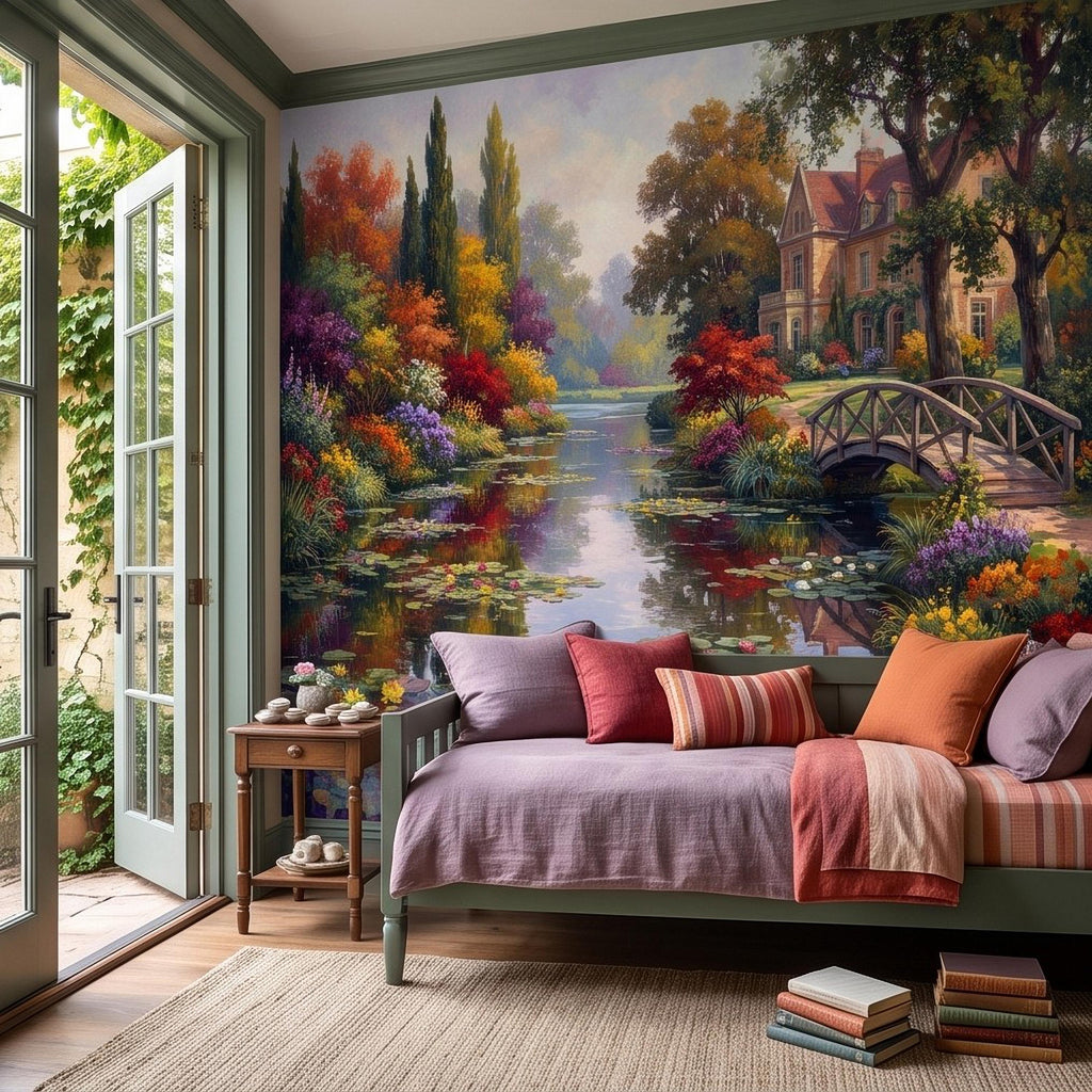 English Garden Peel and Stick Wall Mural, Impressionist Estate Landscape Lily Pond and Footbridge Cottage Wallpaper