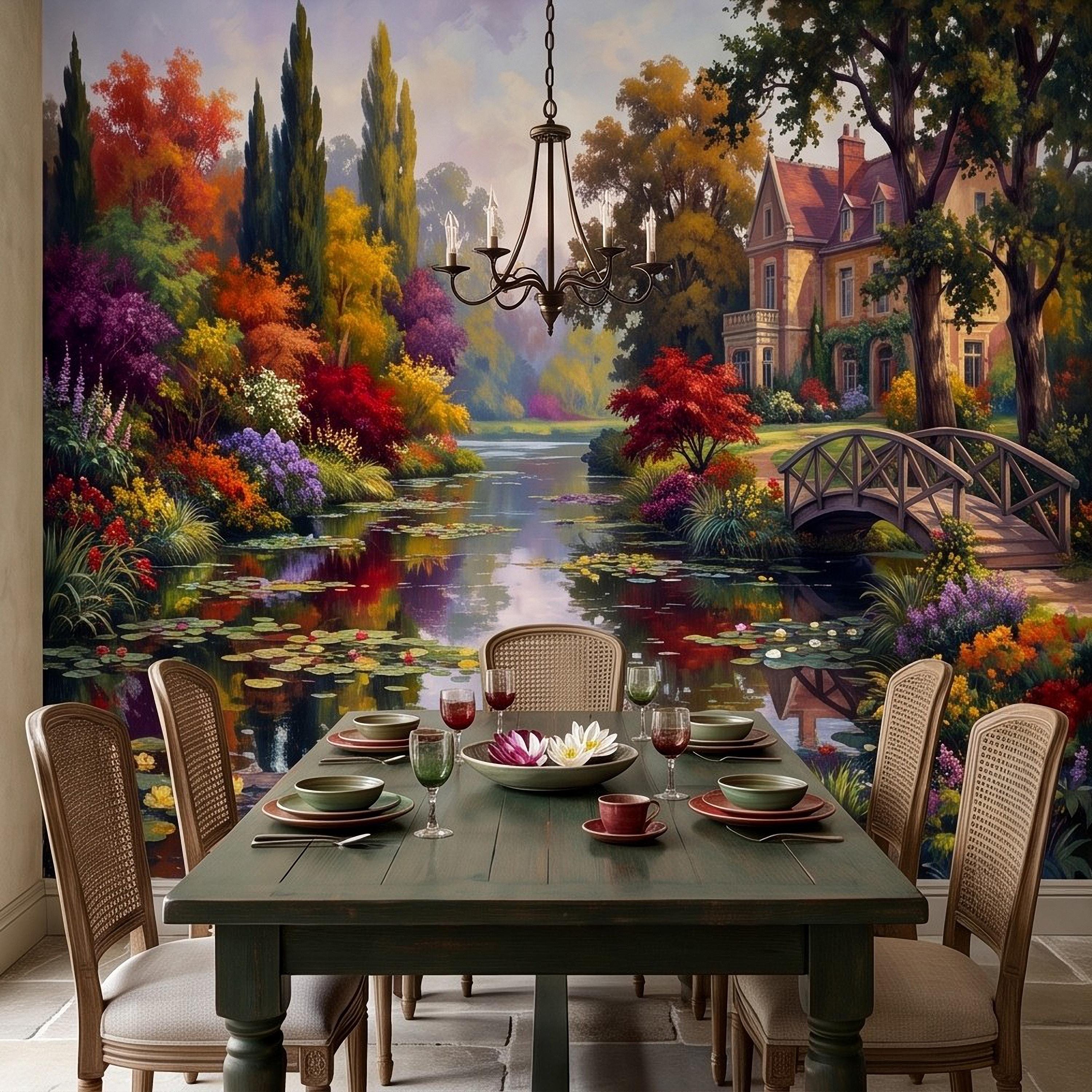 English Garden Peel and Stick Wall Mural, Impressionist Estate Landscape Lily Pond and Footbridge Cottage Wallpaper