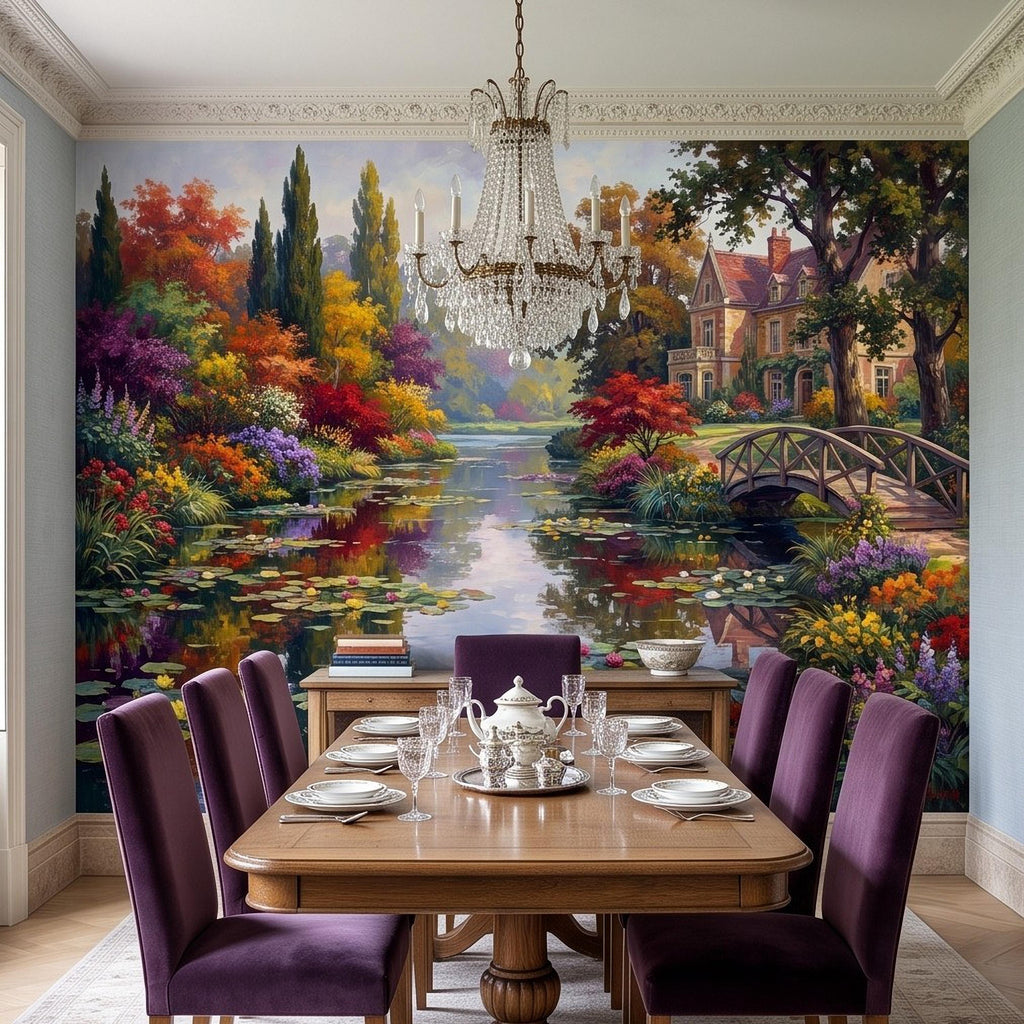 English Garden Peel and Stick Wall Mural, Impressionist Estate Landscape Lily Pond and Footbridge Cottage Wallpaper