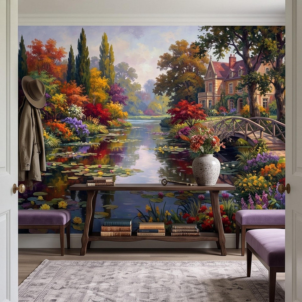 English Garden Peel and Stick Wall Mural, Impressionist Estate Landscape Lily Pond and Footbridge Cottage Wallpaper