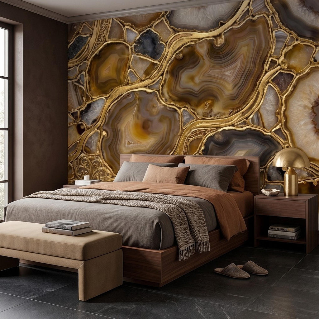 Agate Geode Peel and Stick Wall Mural, Natural Stone Slice Mosaic, Decorative Gold Veining Crystalline Mineral Wallpaper