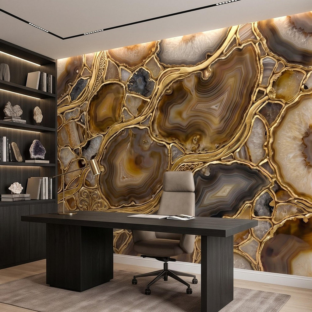 Agate Geode Peel and Stick Wall Mural, Natural Stone Slice Mosaic, Decorative Gold Veining Crystalline Mineral Wallpaper