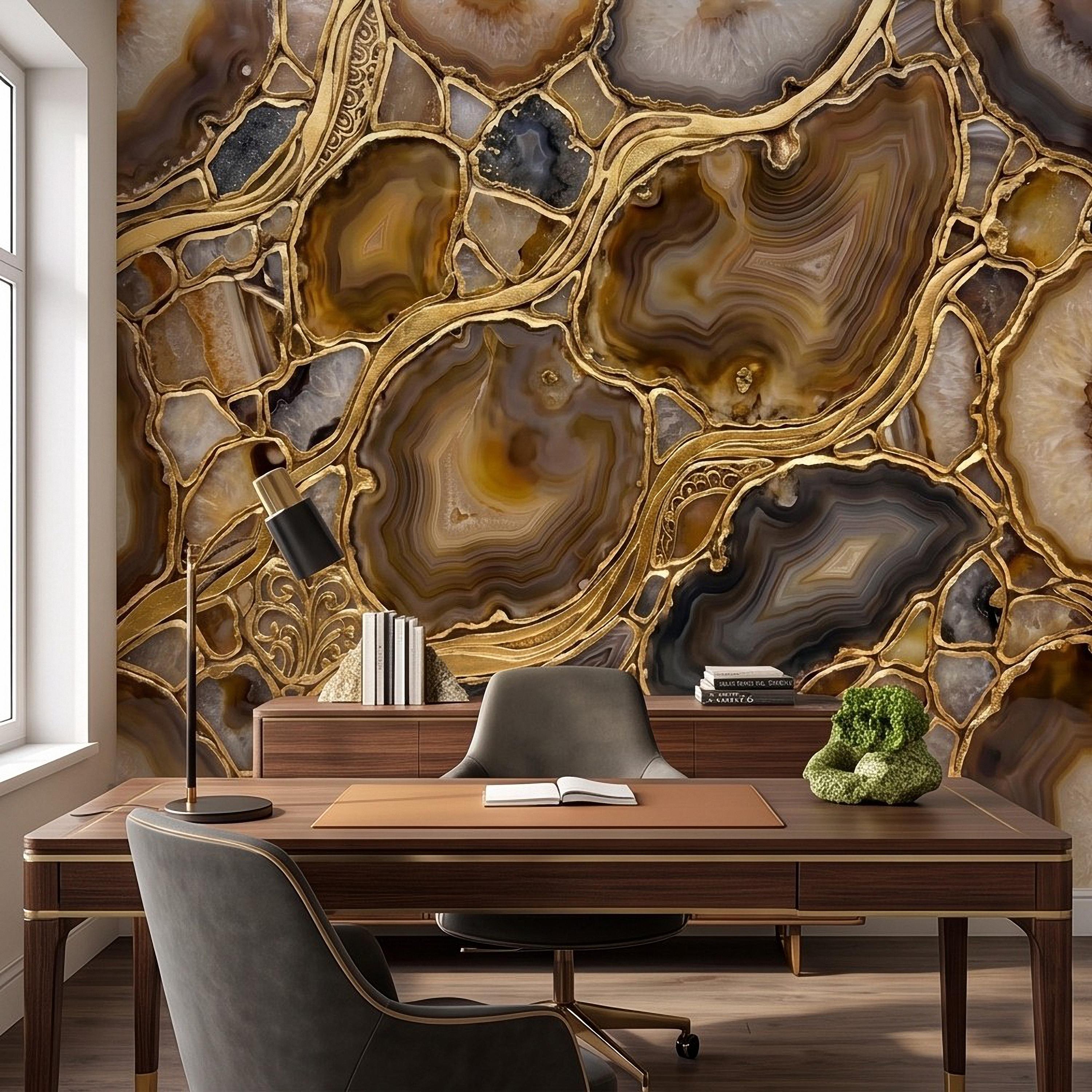 Agate Geode Peel and Stick Wall Mural, Natural Stone Slice Mosaic, Decorative Gold Veining Crystalline Mineral Wallpaper